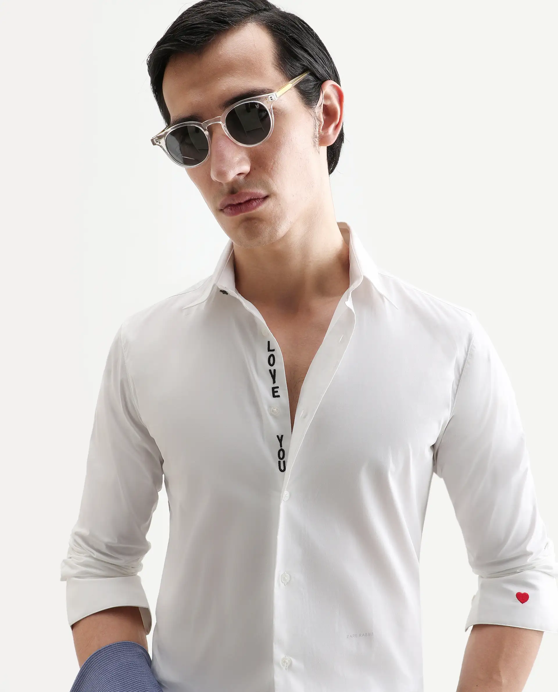 Rare Rabbit Men's I Love U White Cotton Embroidered Regular Fit Full Sleeve Collared Shirt - Image 4
