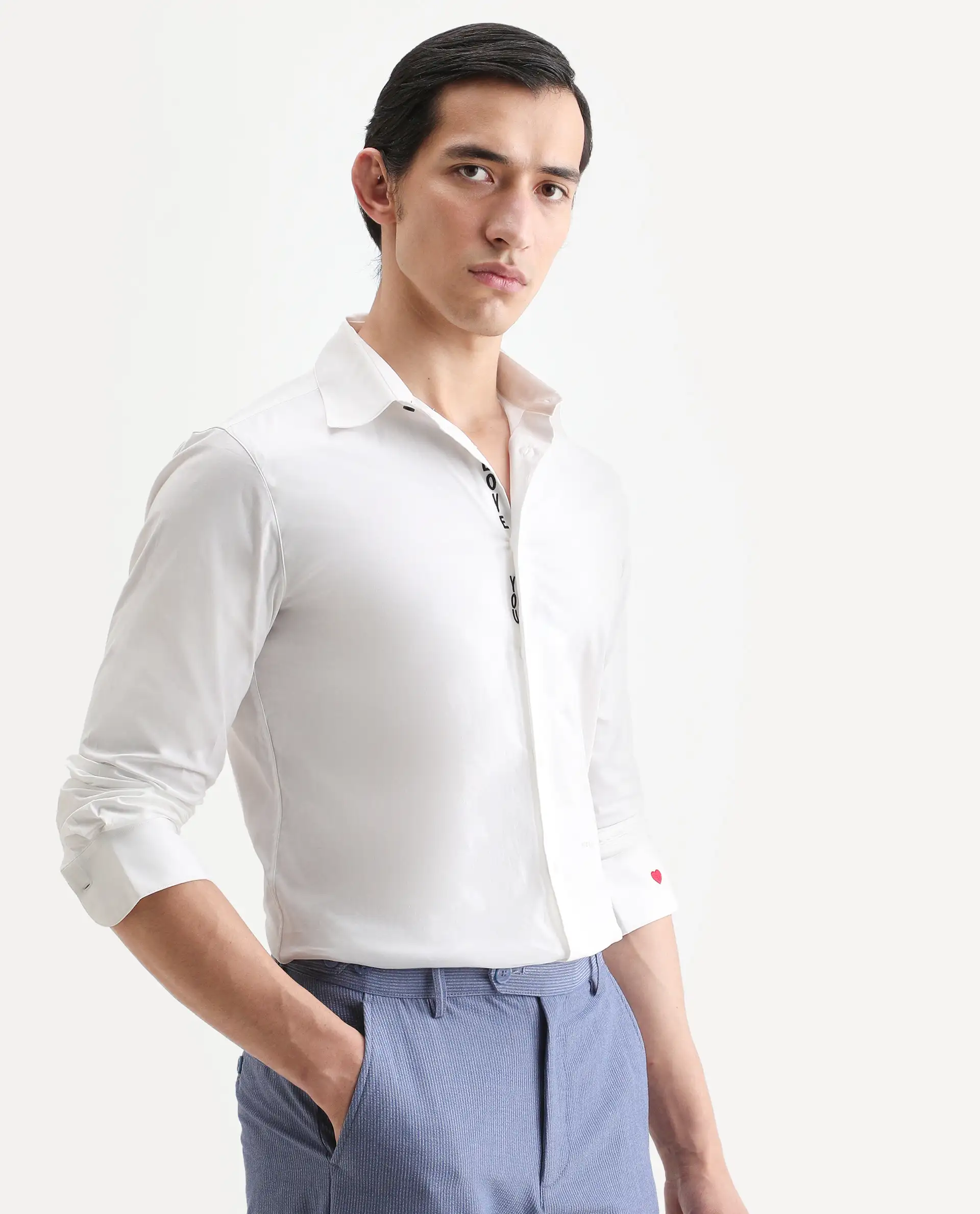 Rare Rabbit Men's I Love U White Cotton Embroidered Regular Fit Full Sleeve Collared Shirt - Image 8