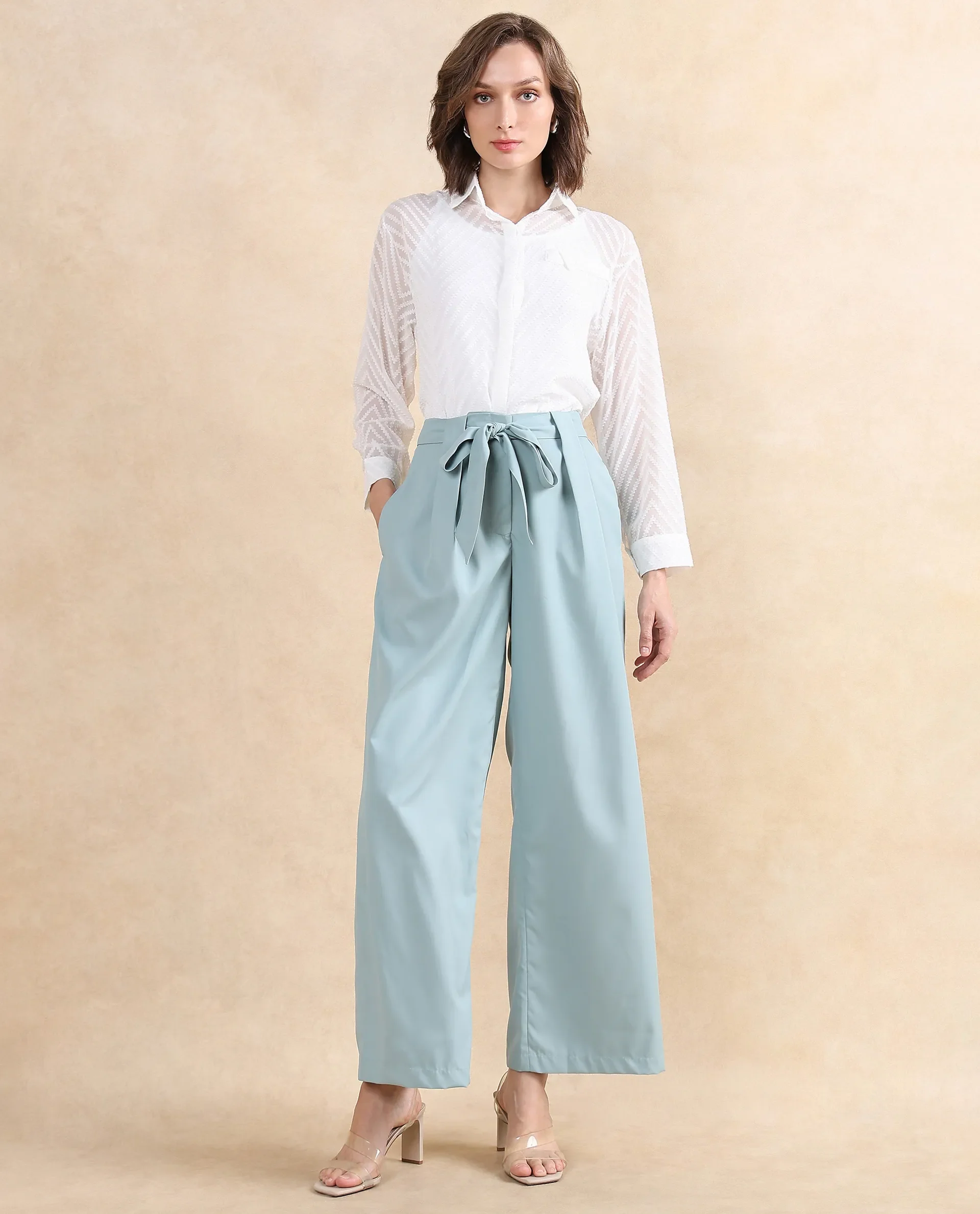 Rareism Women's Imany Light Teal Polyester Blend Plain Ankle Length Wide Trouser