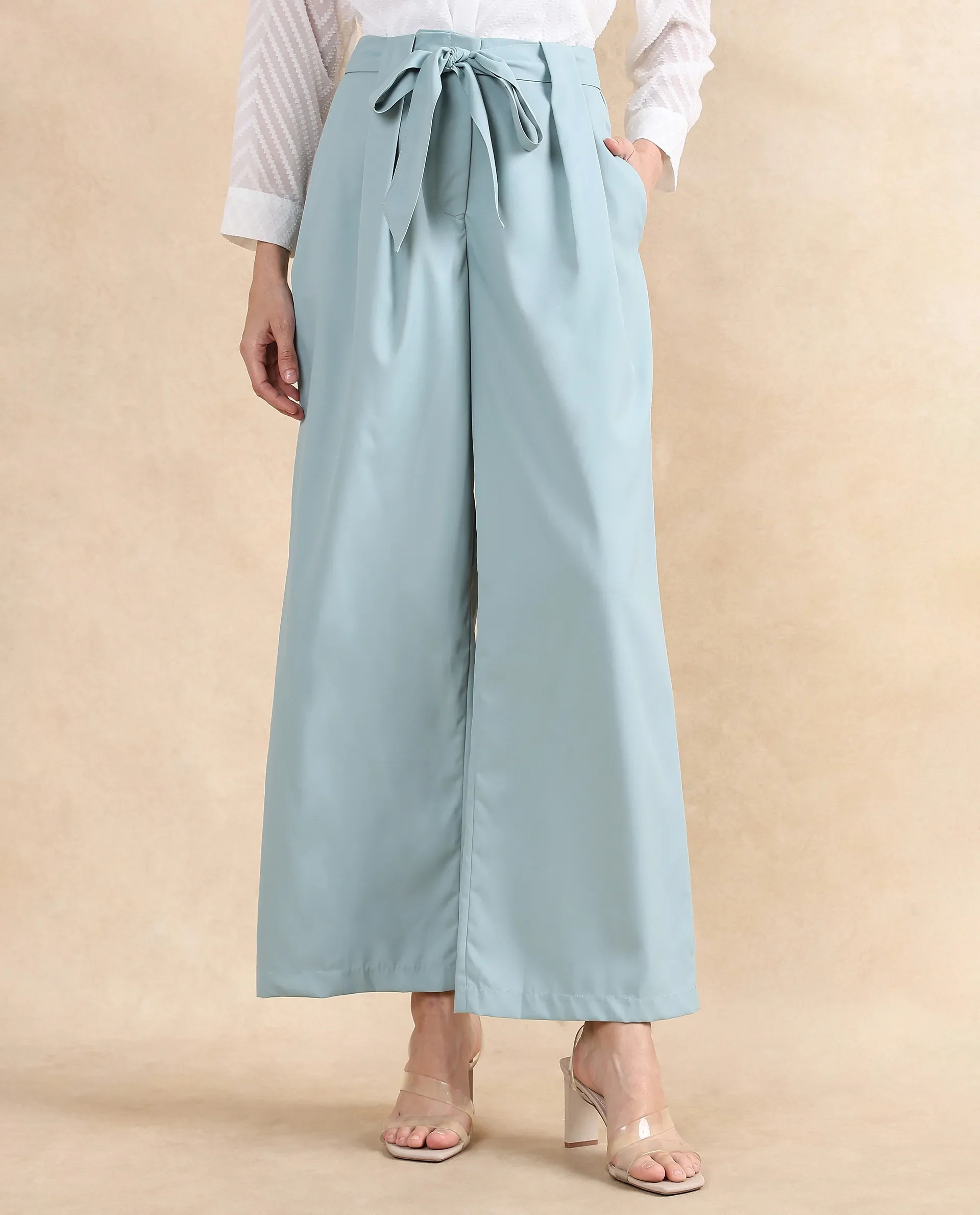 Rareism Women's Imany Light Teal Polyester Blend Plain Ankle Length Wide Trouser - Image 2