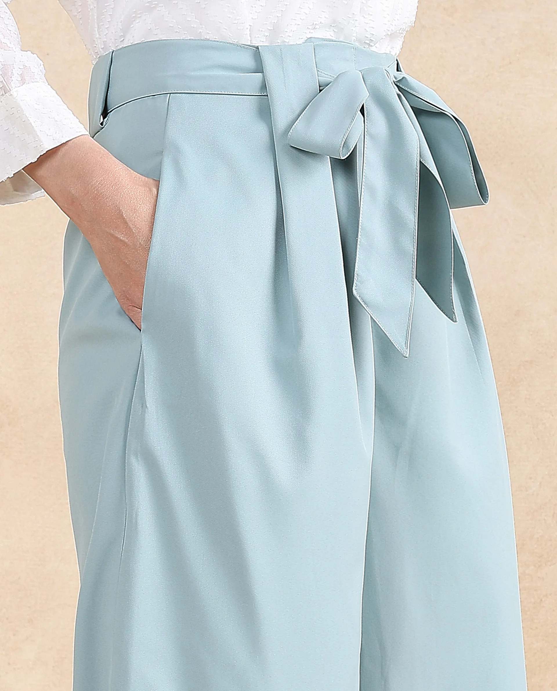 Rareism Women's Imany Light Teal Polyester Blend Plain Ankle Length Wide Trouser - Image 3