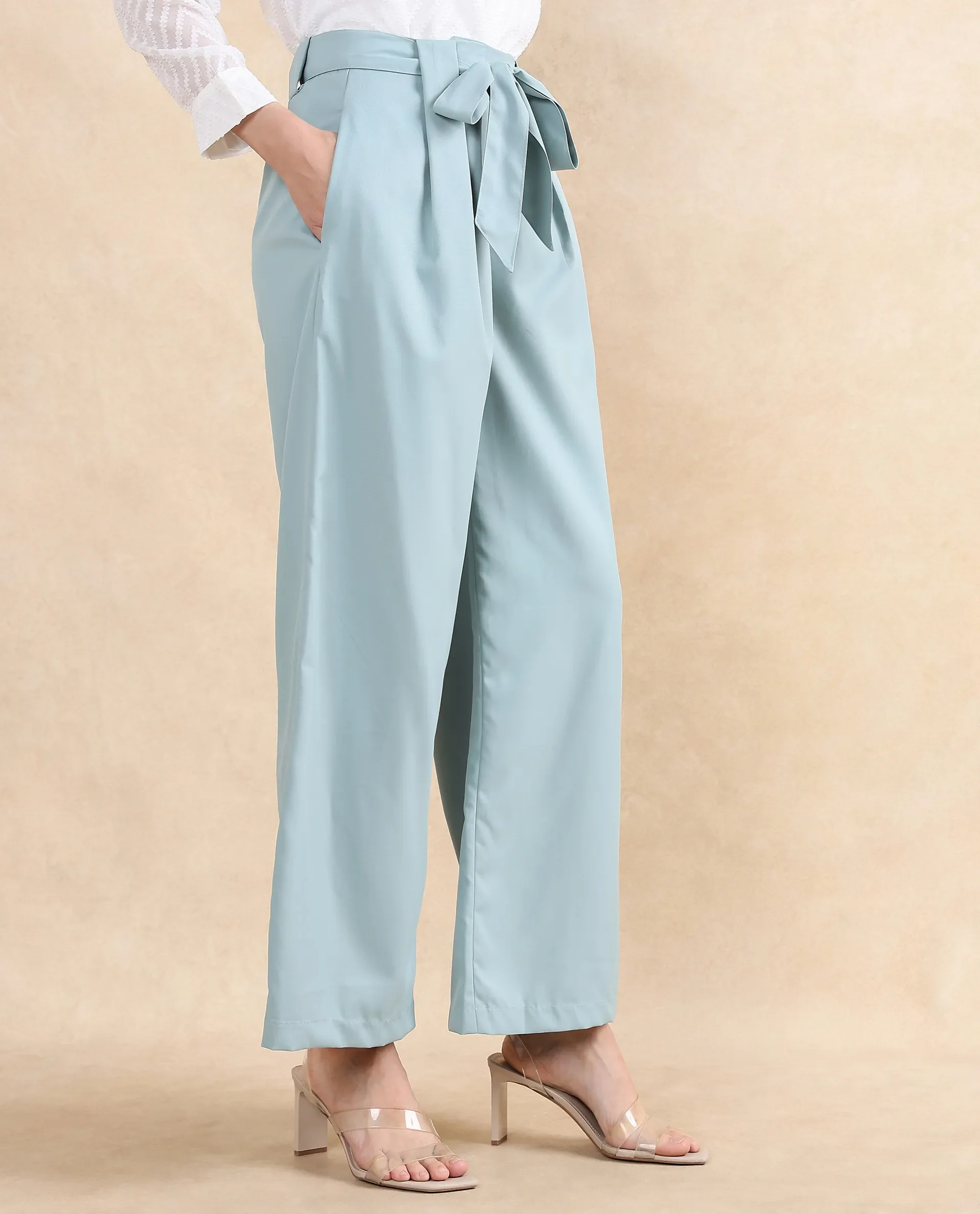 Rareism Women's Imany Light Teal Polyester Blend Plain Ankle Length Wide Trouser - Image 4