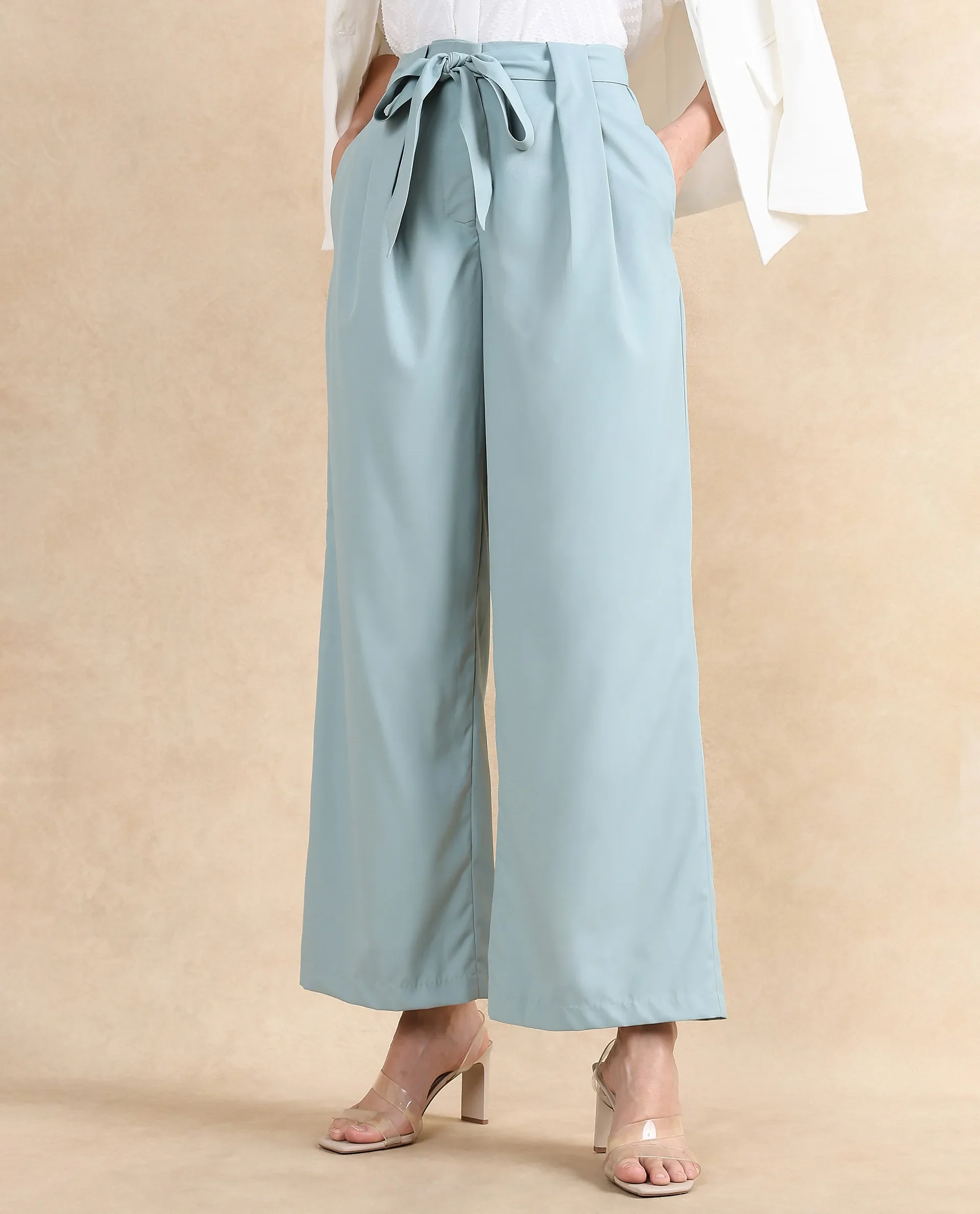 Rareism Women's Imany Light Teal Polyester Blend Plain Ankle Length Wide Trouser - Image 5