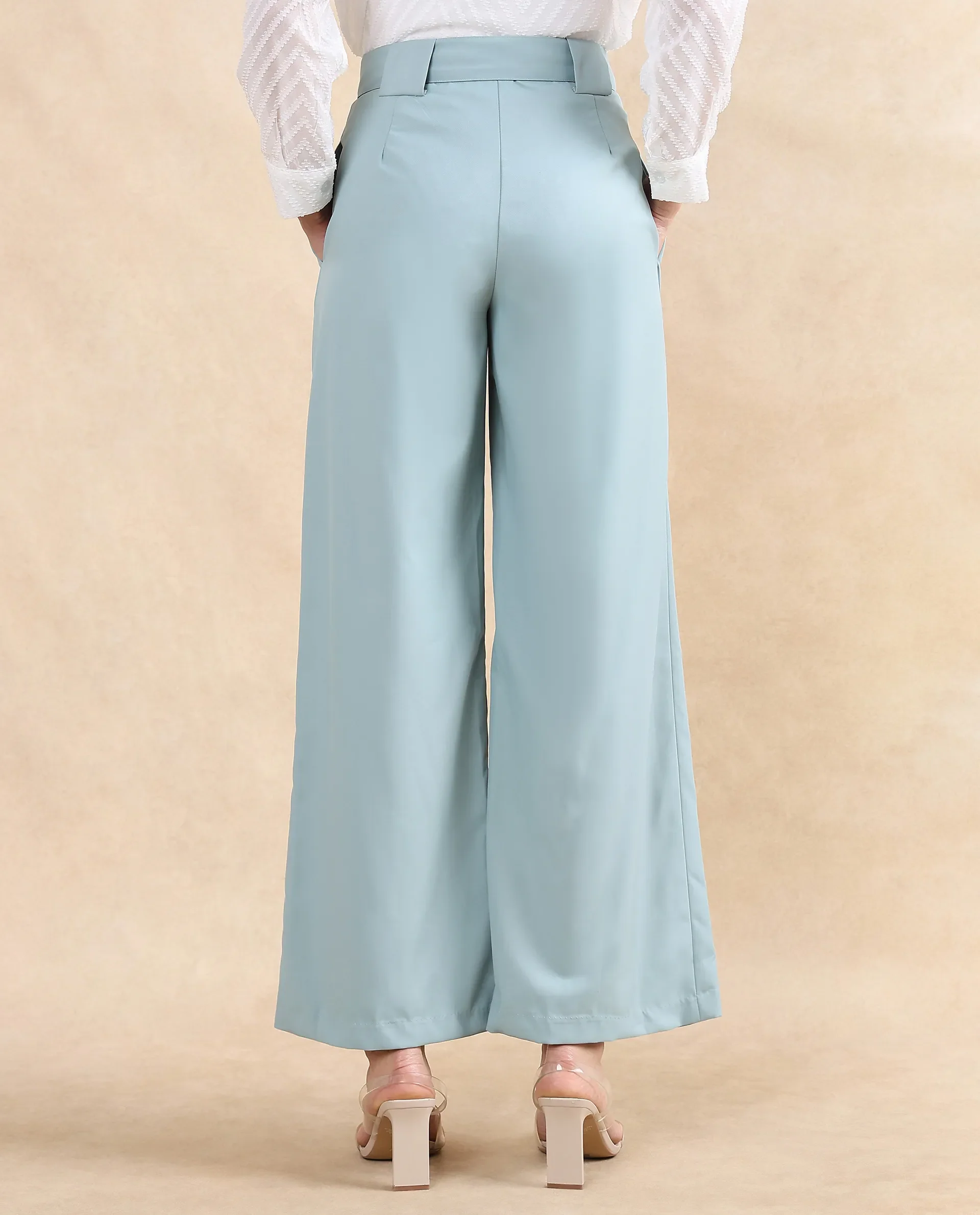 Rareism Women's Imany Light Teal Polyester Blend Plain Ankle Length Wide Trouser - Image 6