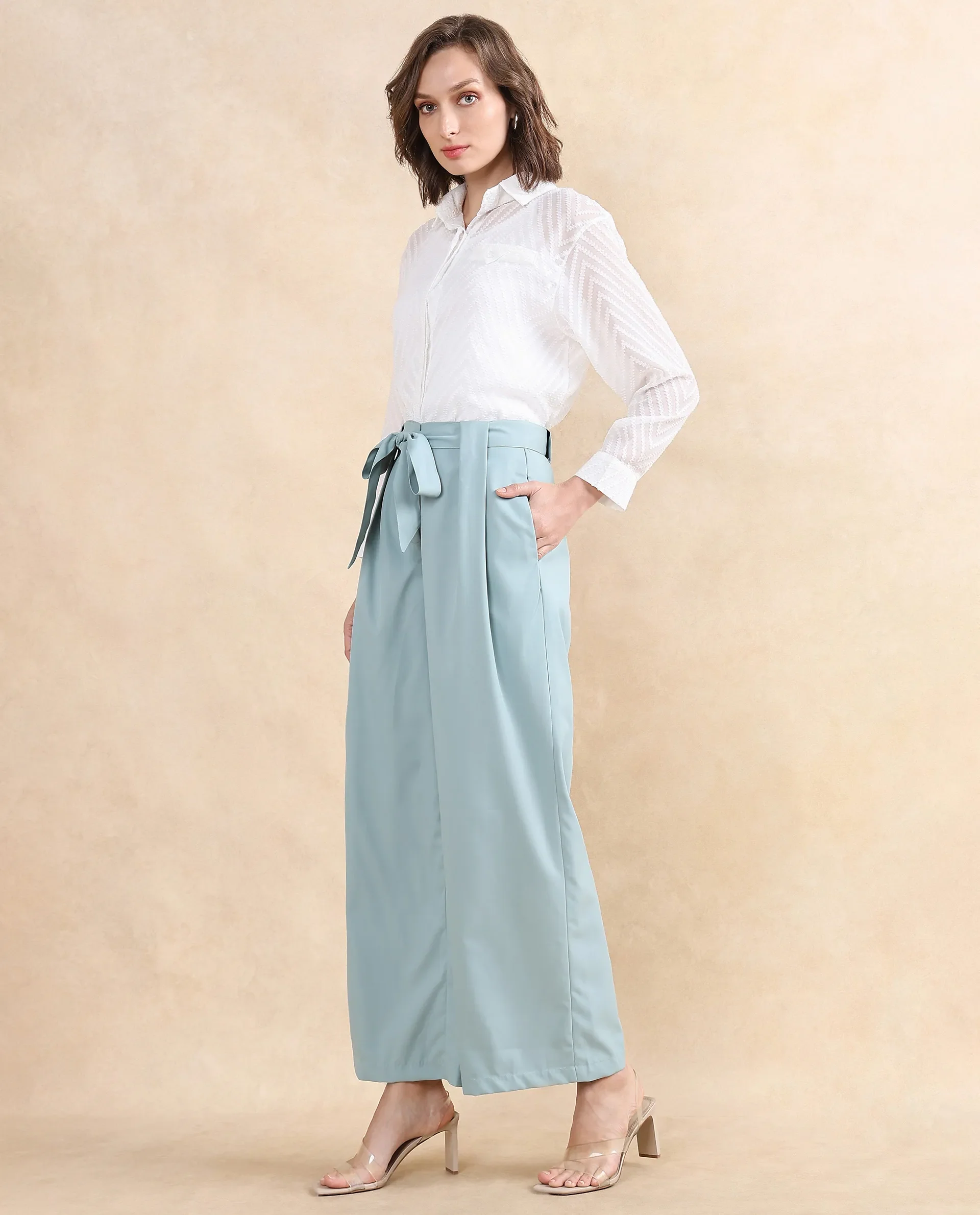 Rareism Women's Imany Light Teal Polyester Blend Plain Ankle Length Wide Trouser - Image 7
