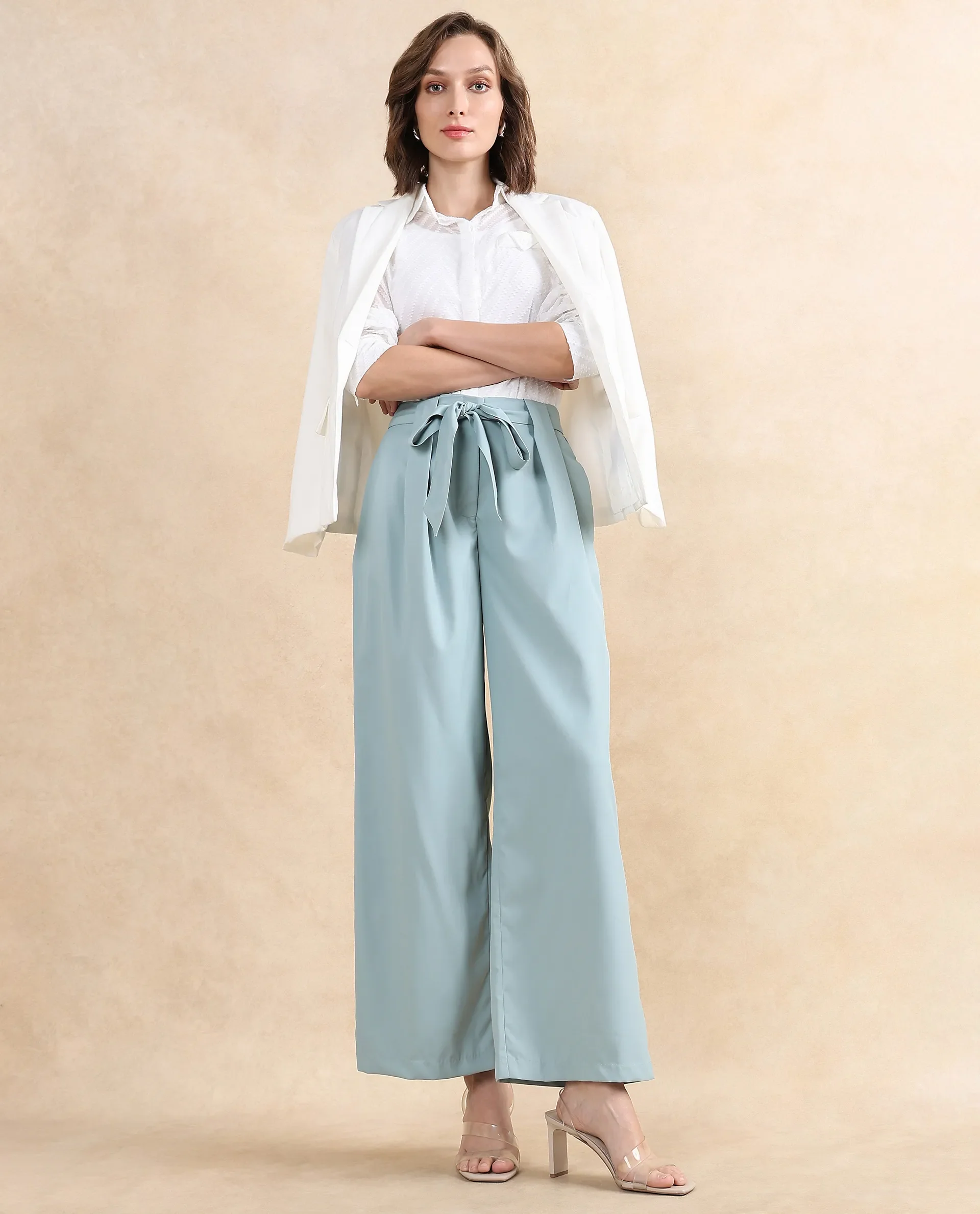 Rareism Women's Imany Light Teal Polyester Blend Plain Ankle Length Wide Trouser - Image 8