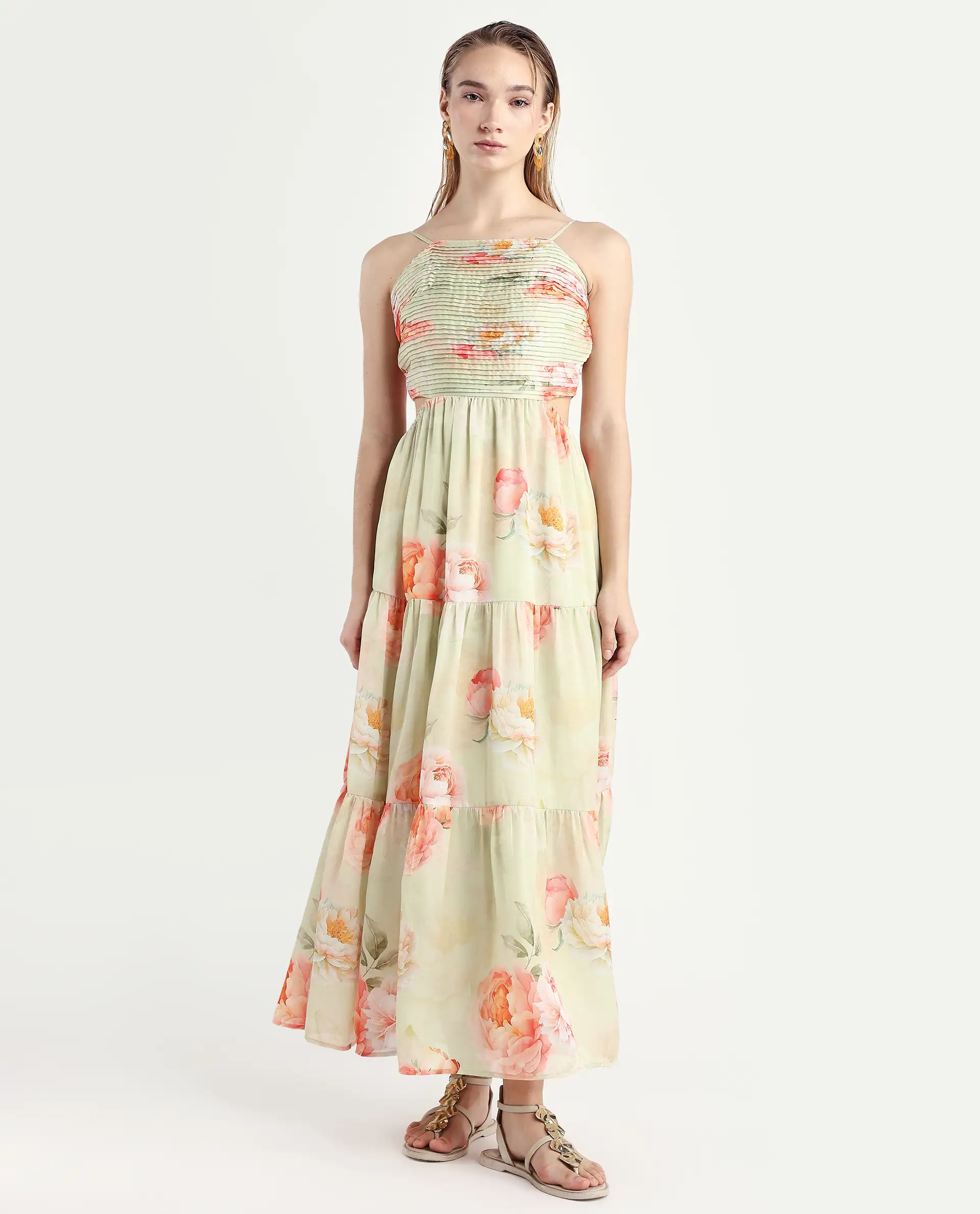 Rareism Women's Imola Light Multi Polyester Shoulder Strap Floral Print Shoulder Strap Maxi Fit And Flare Dress - Image 3