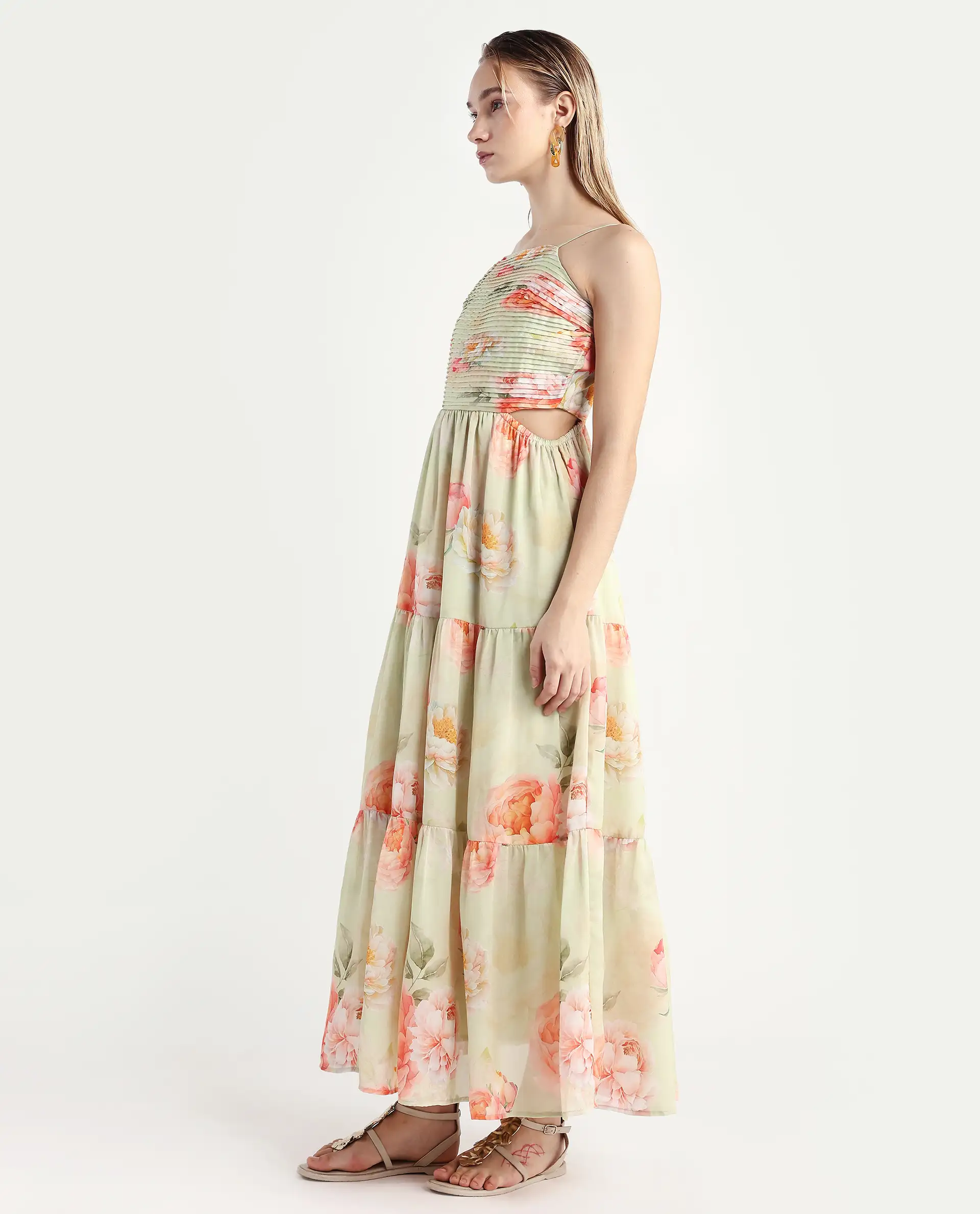 Rareism Women's Imola Light Multi Polyester Shoulder Strap Floral Print Shoulder Strap Maxi Fit And Flare Dress - Image 5