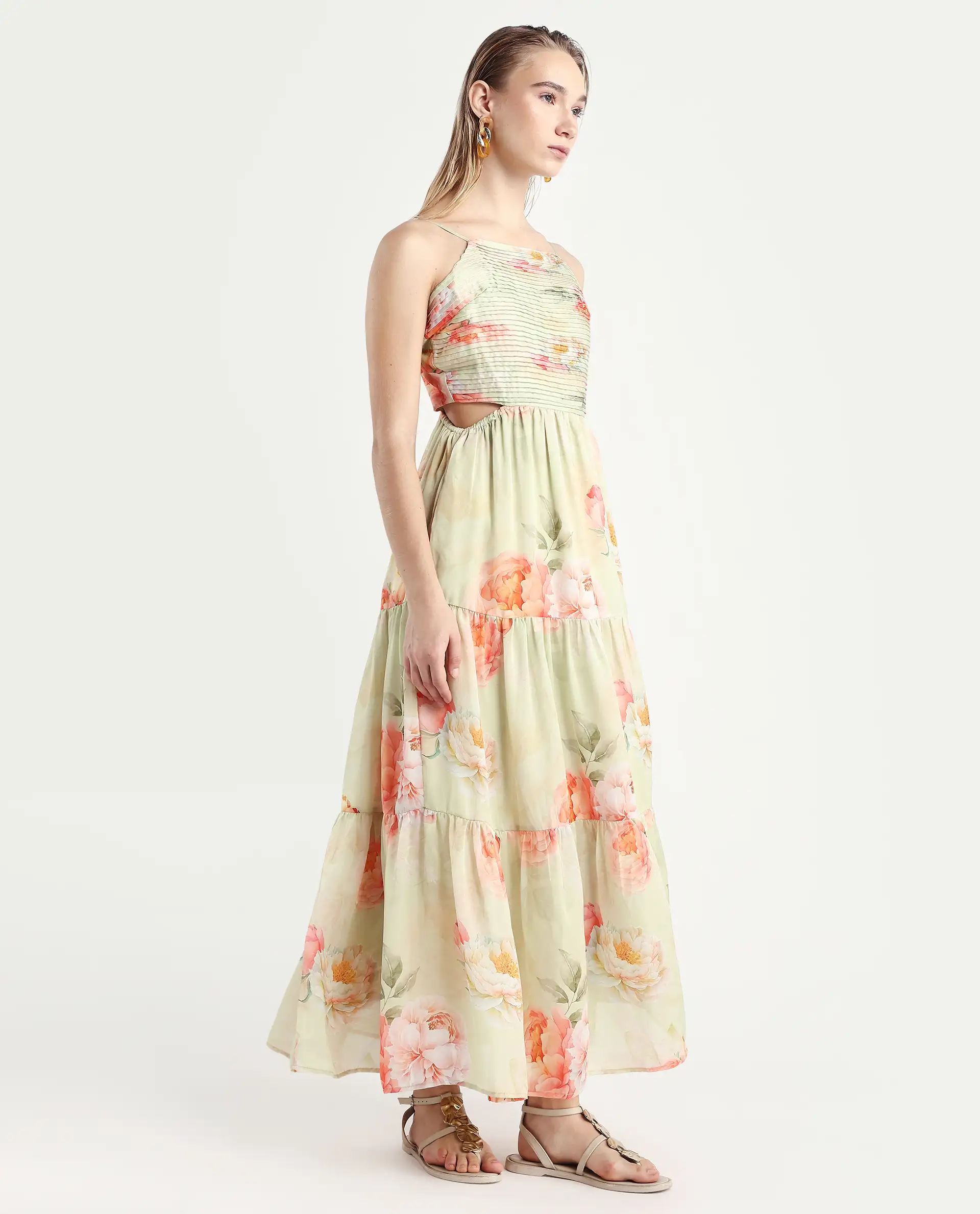 Rareism Women's Imola Light Multi Polyester Shoulder Strap Floral Print Shoulder Strap Maxi Fit And Flare Dress - Image 6