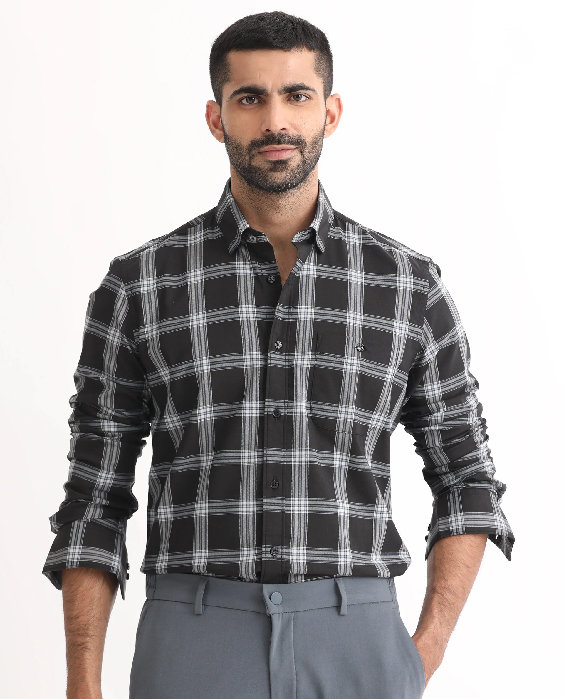 Rare Rabbit Men's Imperial Black Cotton Checked Print Regular Fit Full Sleeve Collared Shirt - Image 6