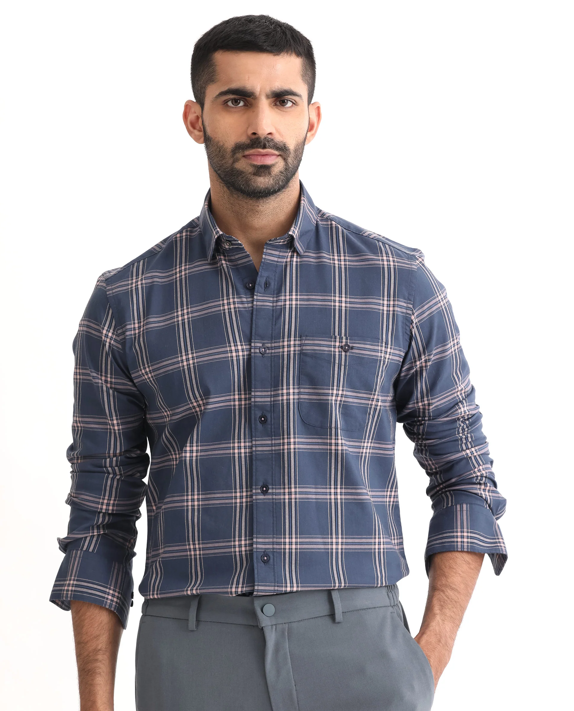 Rare Rabbit Men's Imperial Blue Cotton Checked Print Regular Fit Full Sleeve Collared Shirt