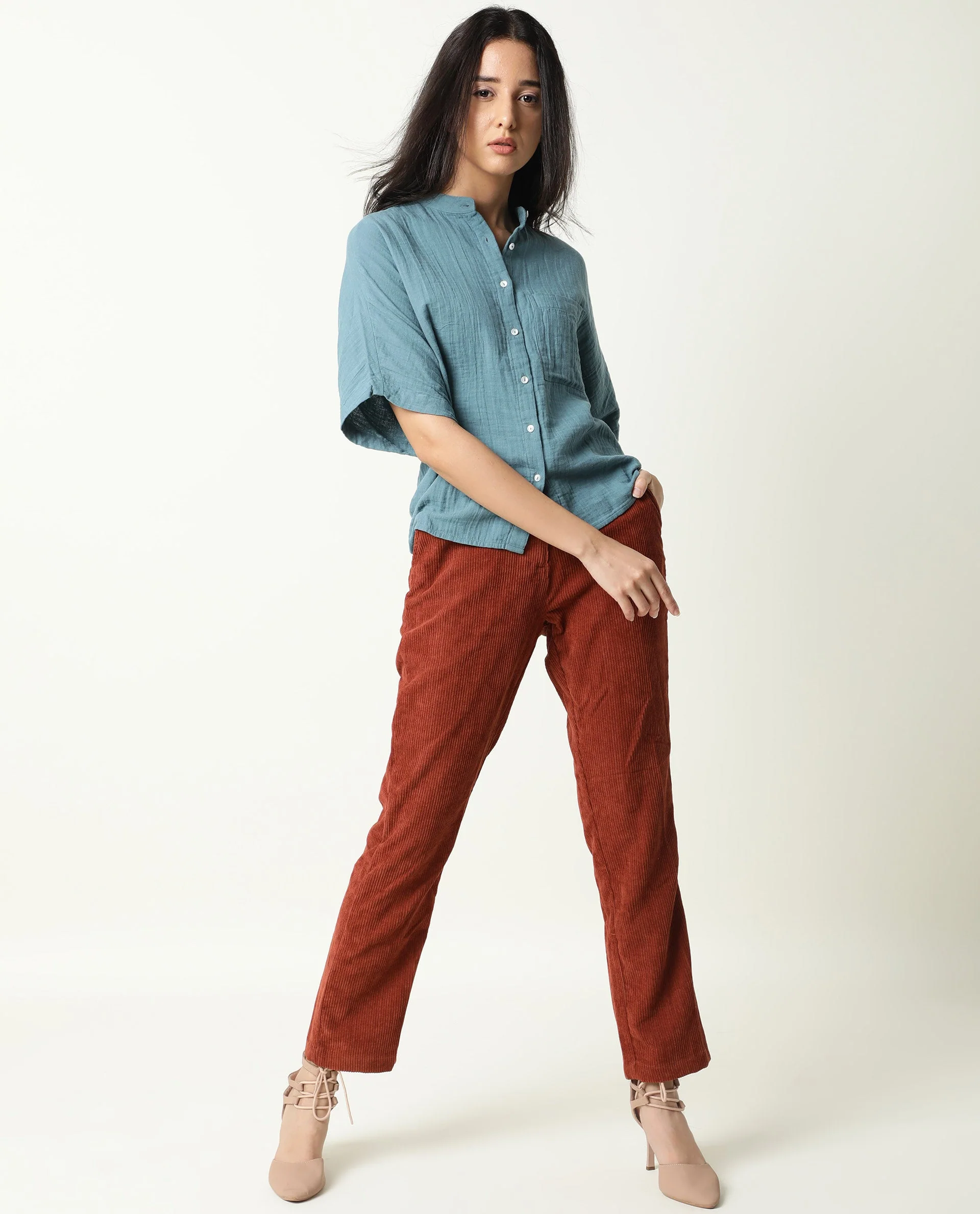Rareism Women's Imro Green Mandarin Collar Plain Knee Length Tailored Top - Image 10