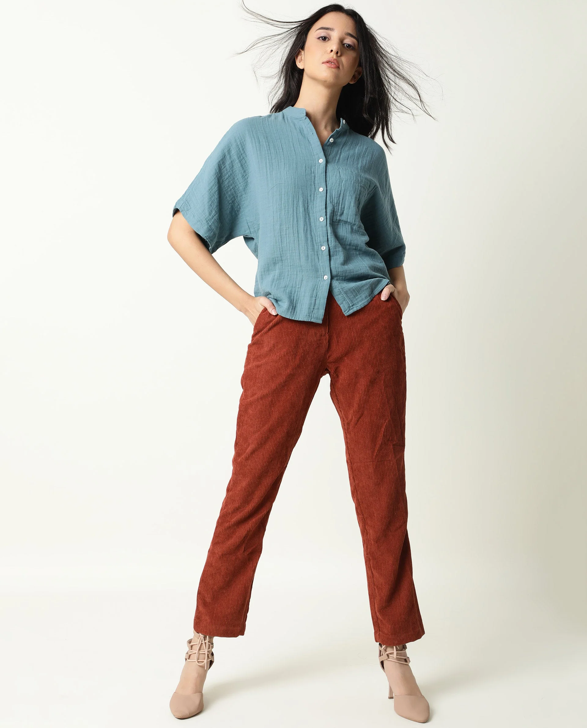 Rareism Women's Imro Green Mandarin Collar Plain Knee Length Tailored Top - Image 11