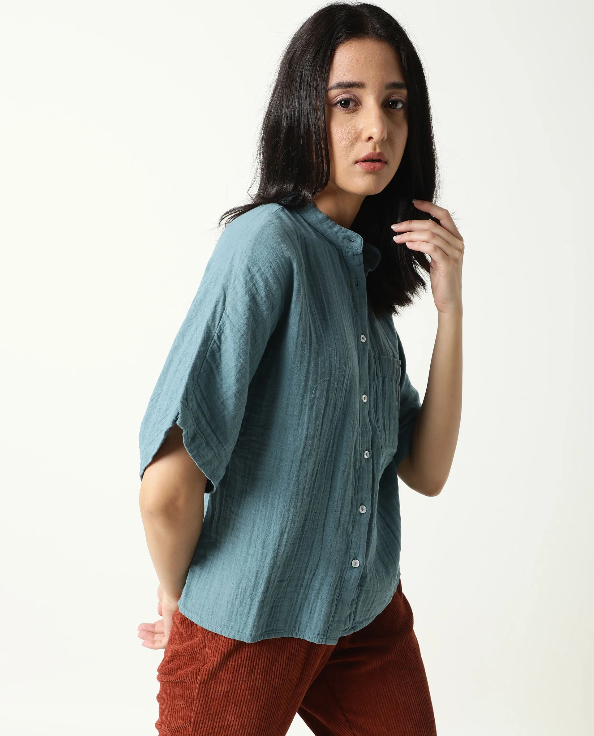 Rareism Women's Imro Green Mandarin Collar Plain Knee Length Tailored Top - Image 7