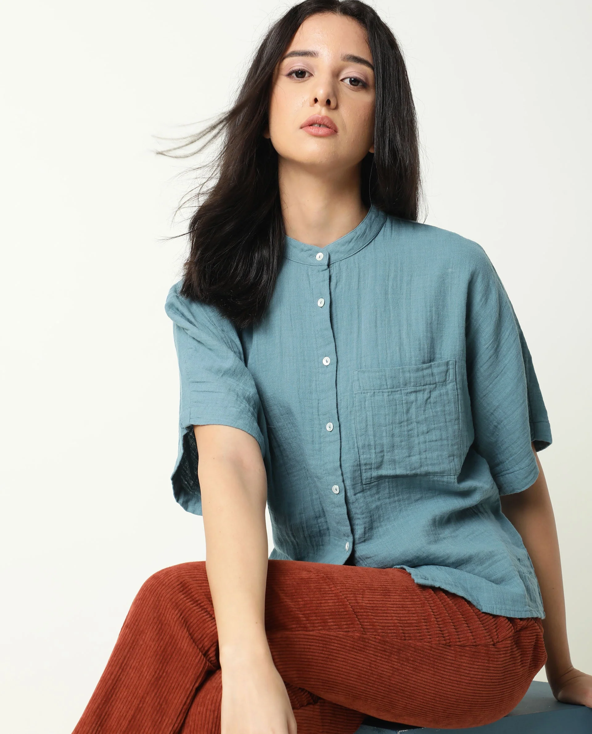 Rareism Women's Imro Green Mandarin Collar Plain Knee Length Tailored Top - Image 8