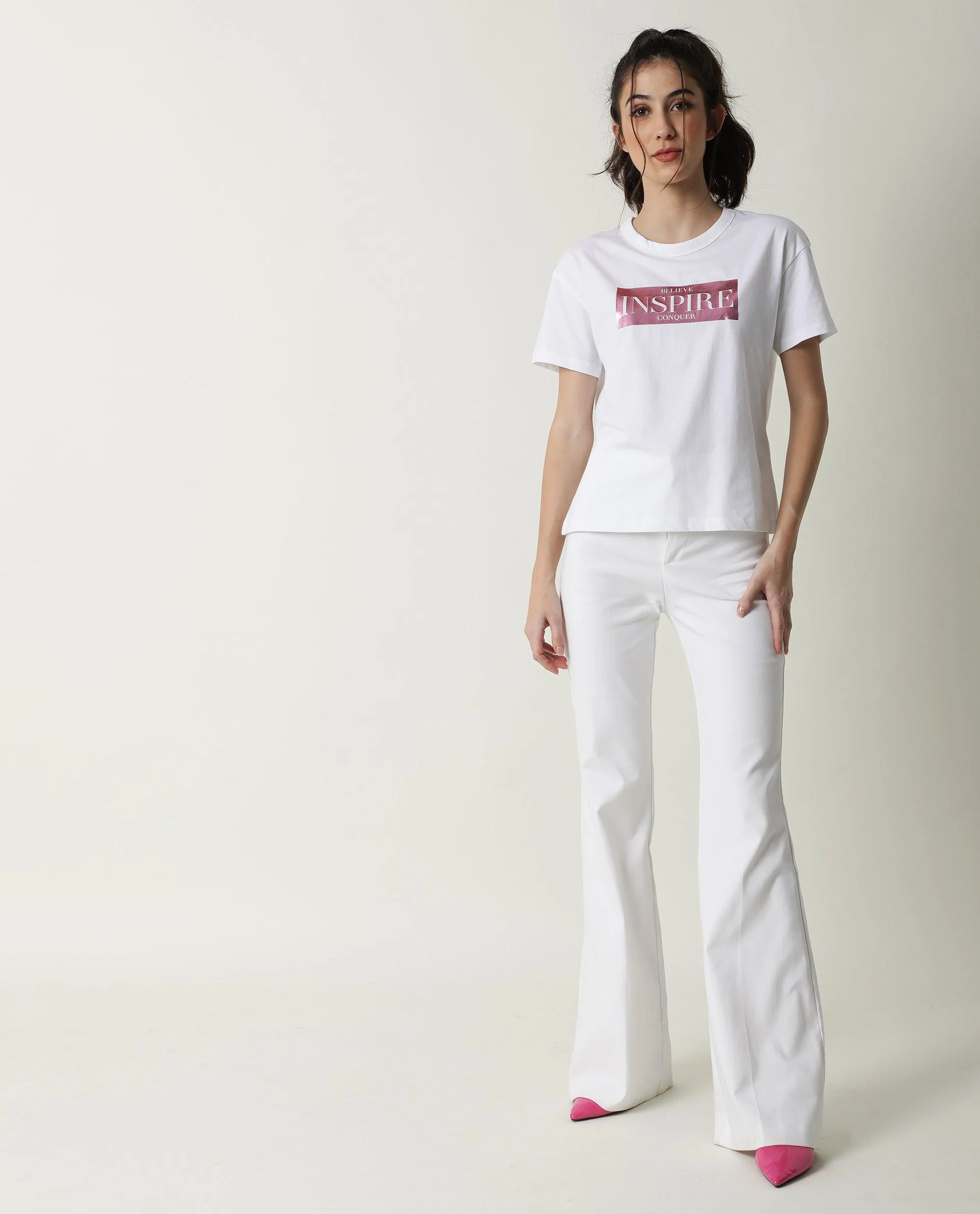 Rareism Women's Inago White Cotton Crew Neck Graphic Print Crop Regular Fit T-Shirt - Image 11
