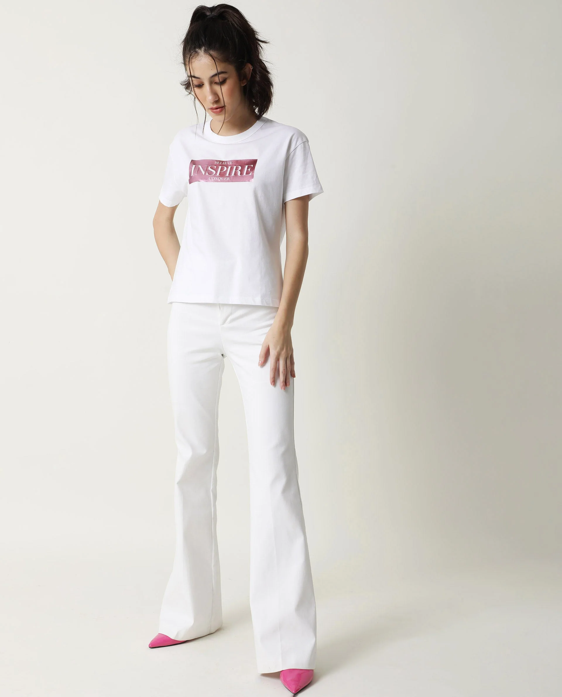 Rareism Women's Inago White Cotton Crew Neck Graphic Print Crop Regular Fit T-Shirt - Image 4
