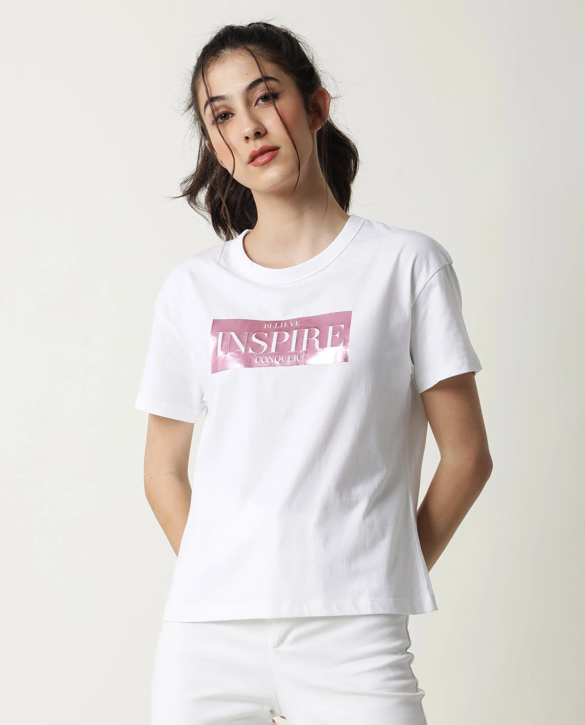Rareism Women's Inago White Cotton Crew Neck Graphic Print Crop Regular Fit T-Shirt - Image 6