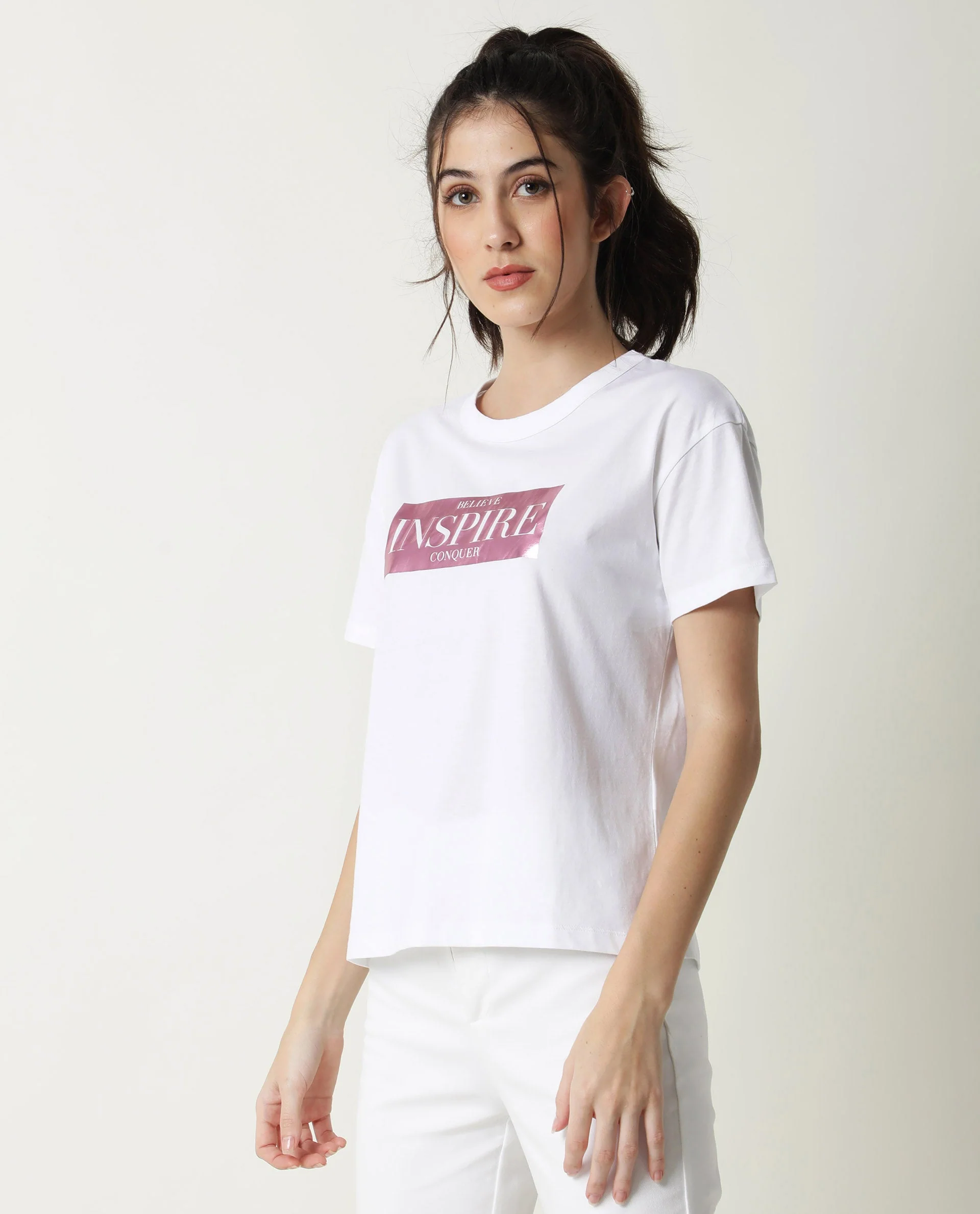 Rareism Women's Inago White Cotton Crew Neck Graphic Print Crop Regular Fit T-Shirt - Image 7