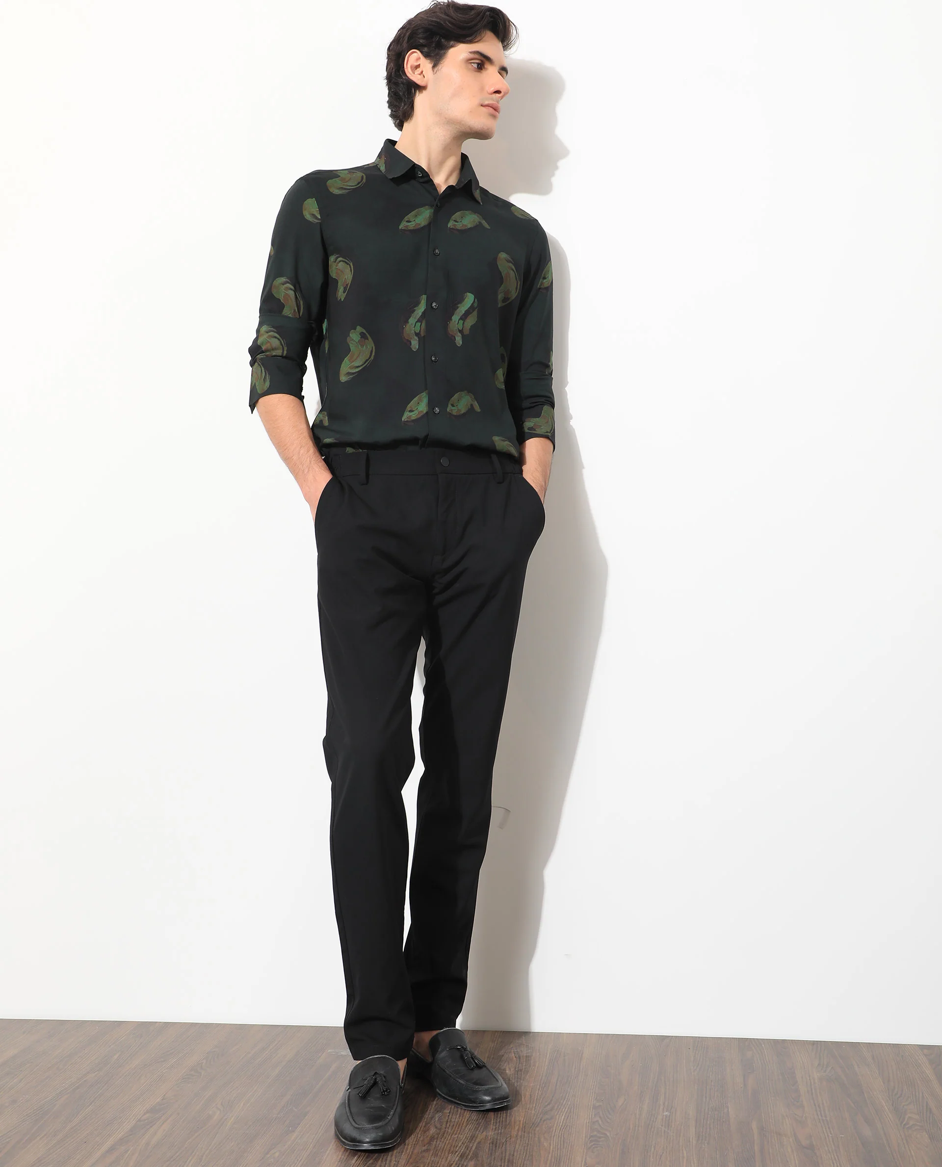 Rare Rabbit Men's Inari Dark Green Cotton Abstract Print Regular Fit Full Sleeve Spread Collar Shirt - Image 2