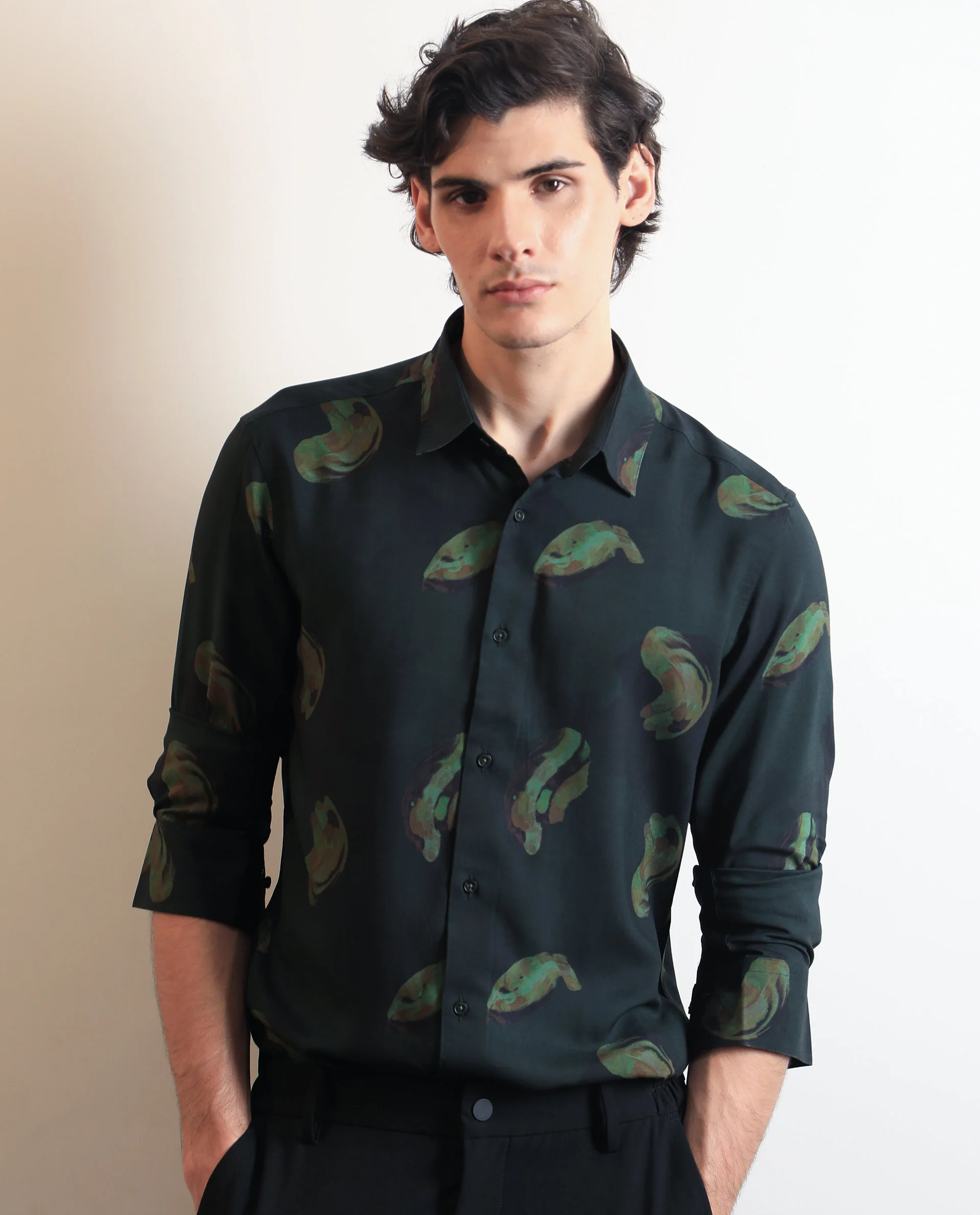 Rare Rabbit Men's Inari Dark Green Cotton Abstract Print Regular Fit Full Sleeve Spread Collar Shirt - Image 3