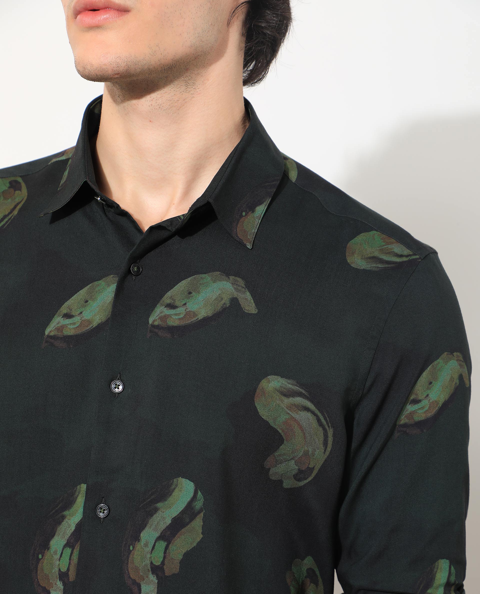 Rare Rabbit Men's Inari Dark Green Cotton Abstract Print Regular Fit Full Sleeve Spread Collar Shirt - Image 4