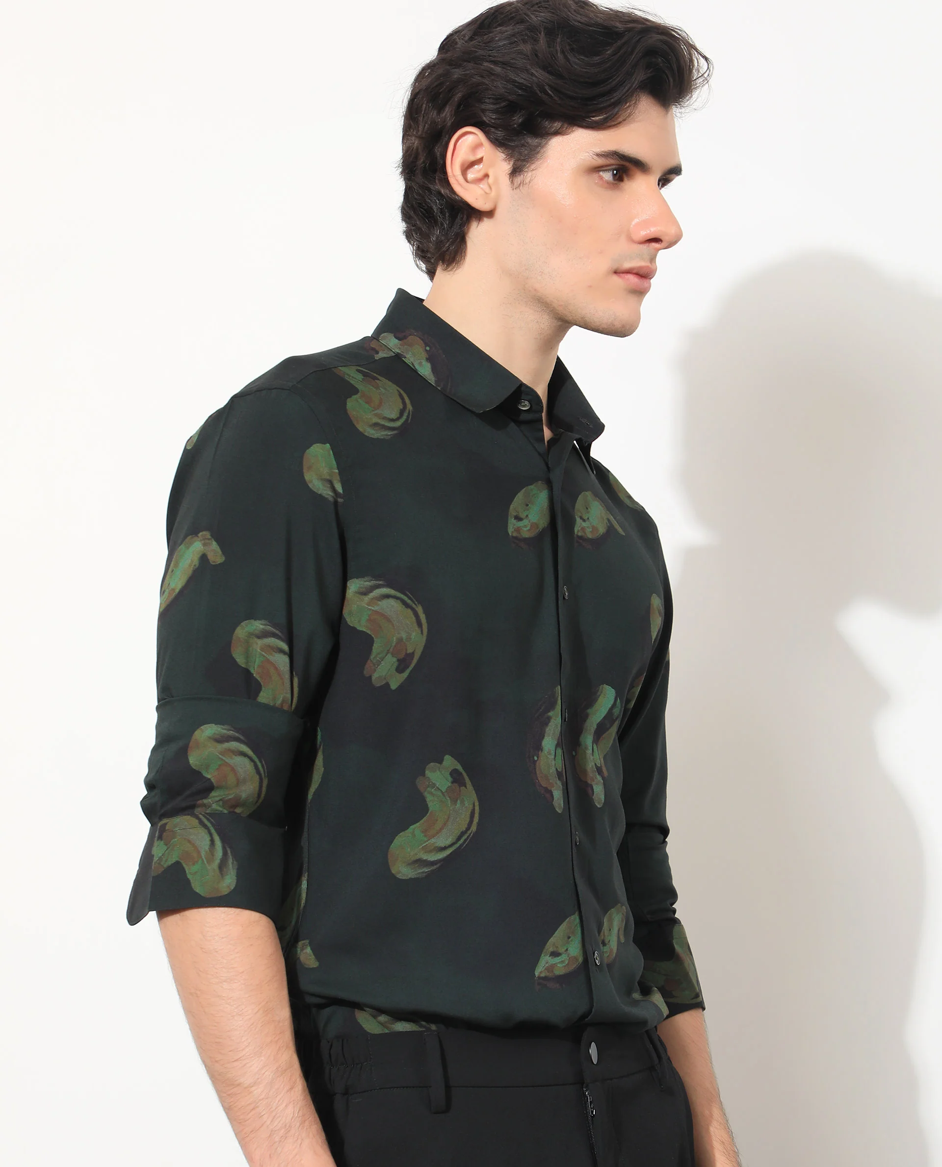 Rare Rabbit Men's Inari Dark Green Cotton Abstract Print Regular Fit Full Sleeve Spread Collar Shirt - Image 7