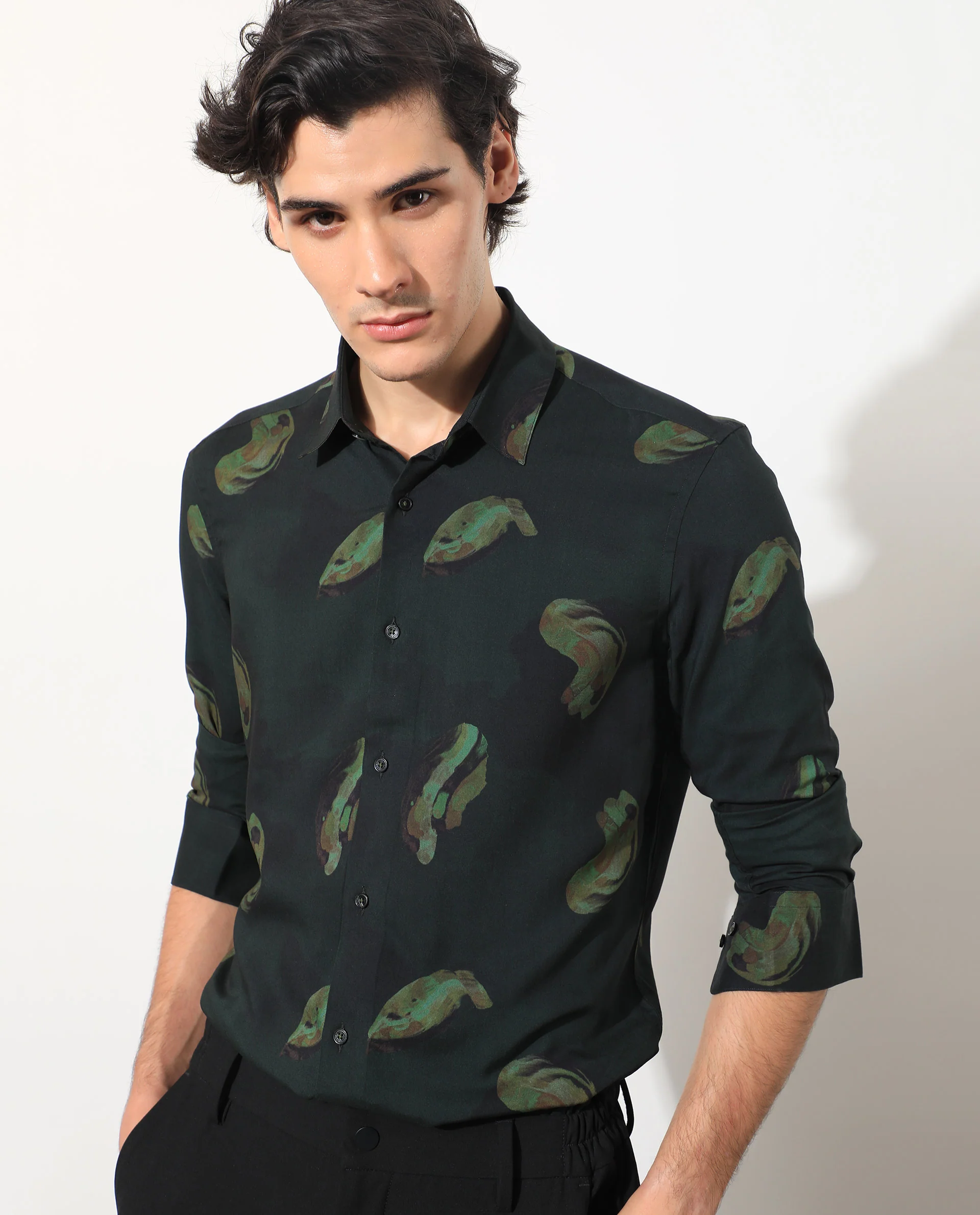 Rare Rabbit Men's Inari Dark Green Cotton Abstract Print Regular Fit Full Sleeve Spread Collar Shirt - Image 8