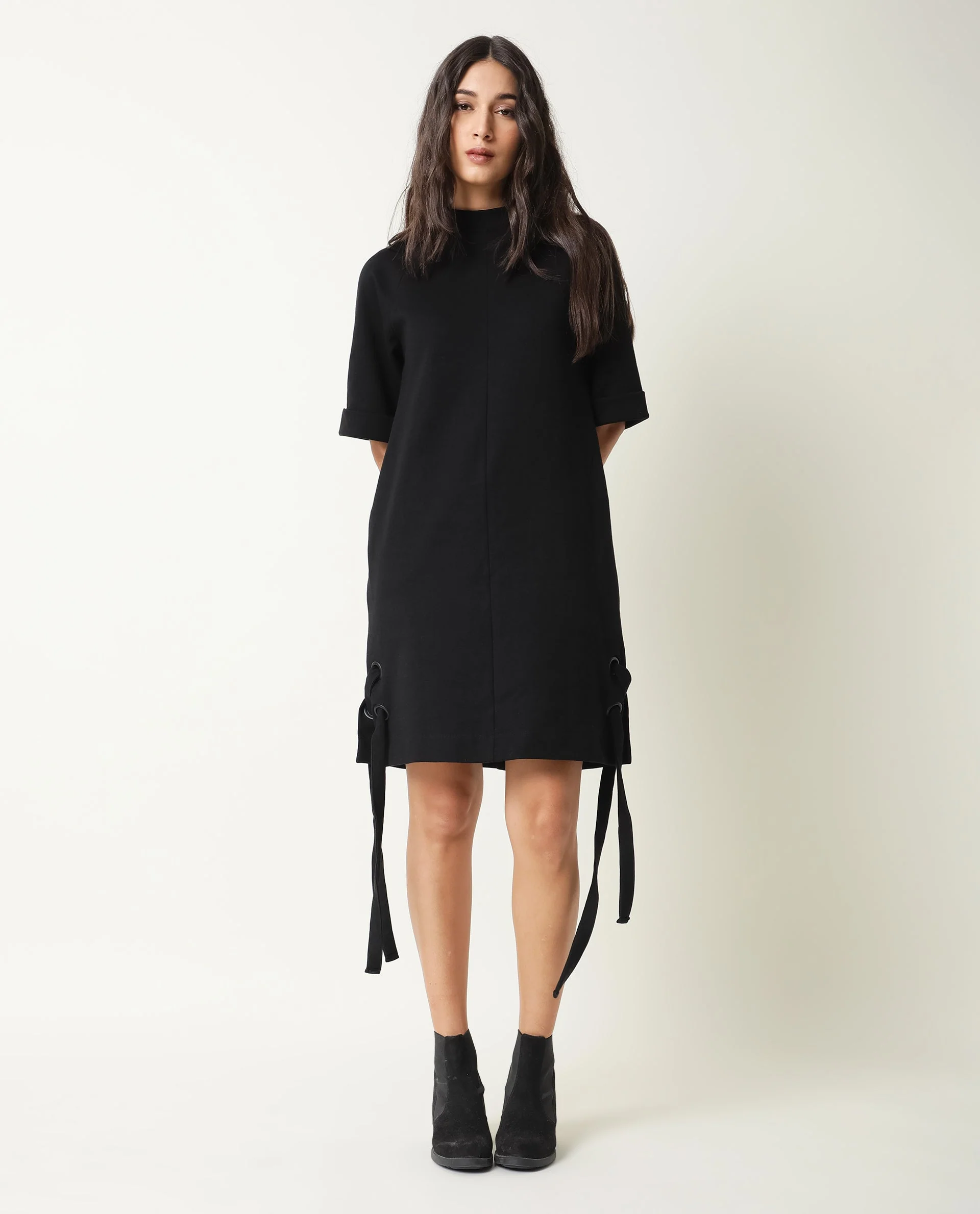 Rareism Womens Inari Black Dress Cotton Fabric Normal Fit Raglan Sleeves Round Neck