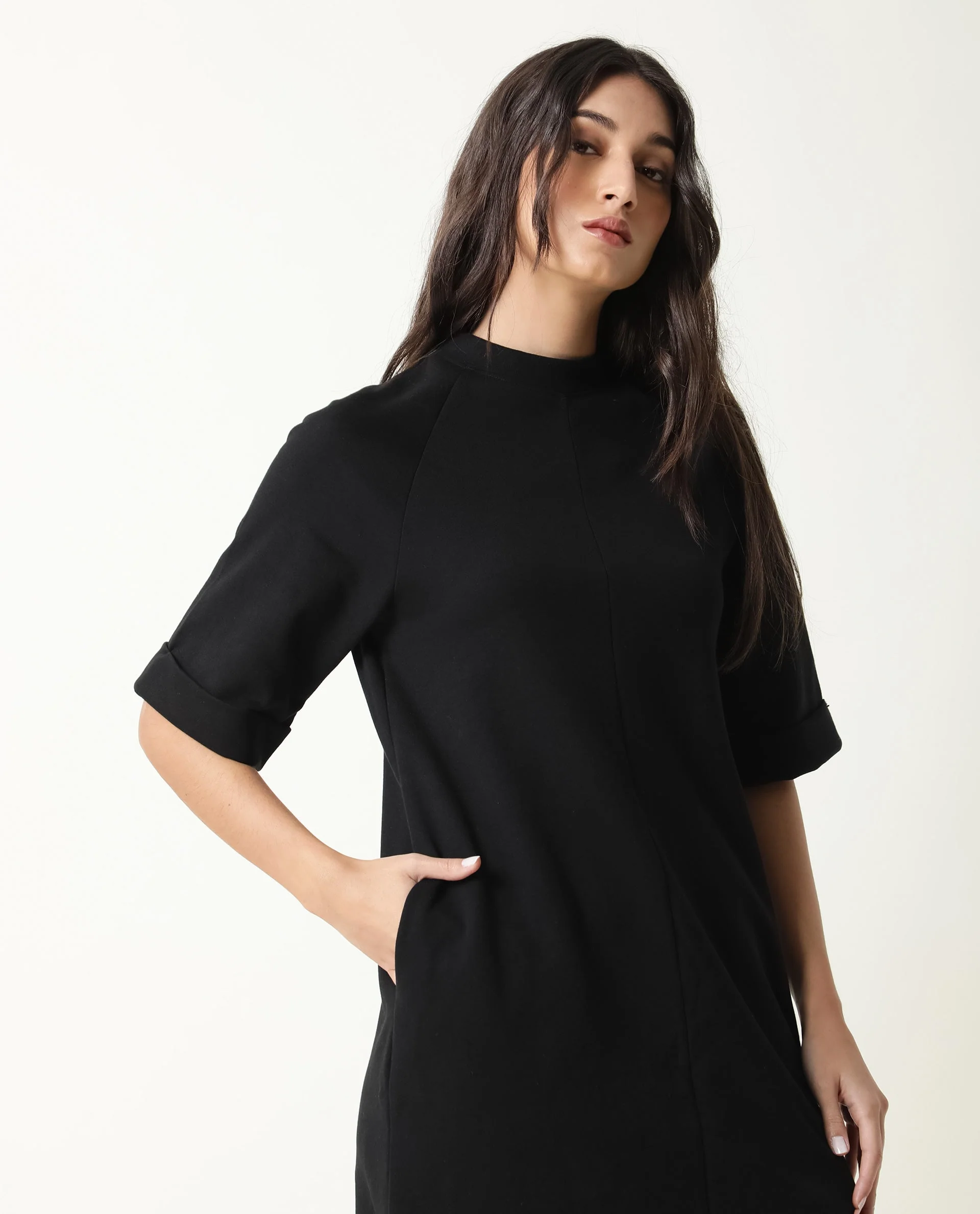 Rareism Womens Inari Black Dress Cotton Fabric Normal Fit Raglan Sleeves Round Neck - Image 2