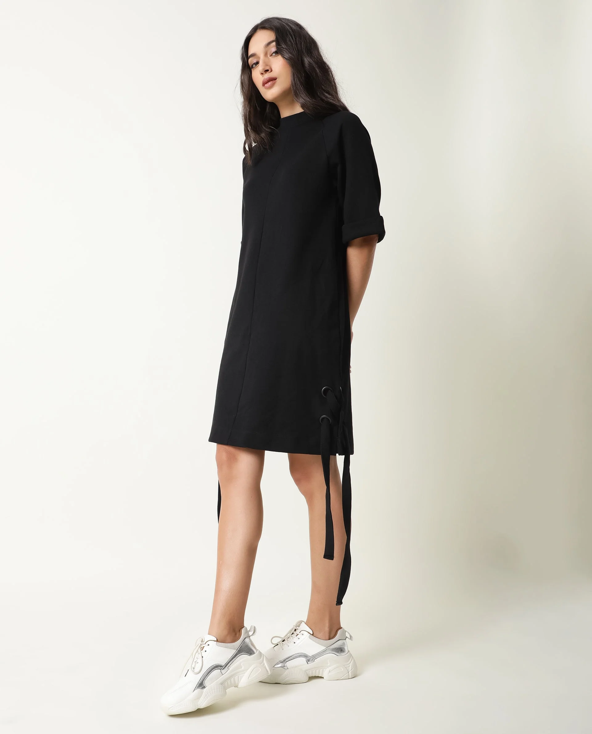 Rareism Womens Inari Black Dress Cotton Fabric Normal Fit Raglan Sleeves Round Neck - Image 4