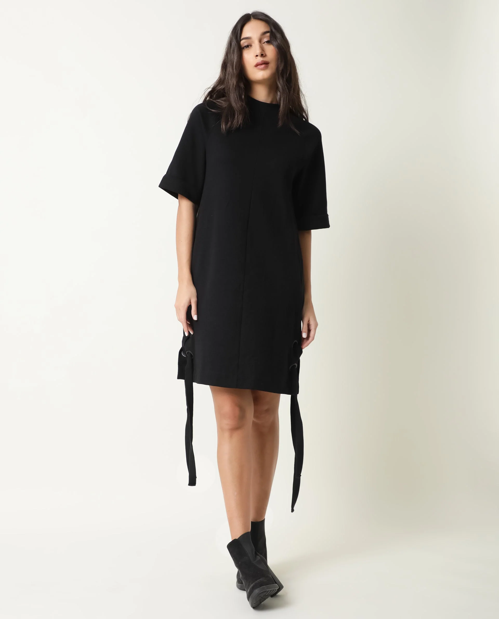 Rareism Womens Inari Black Dress Cotton Fabric Normal Fit Raglan Sleeves Round Neck - Image 5