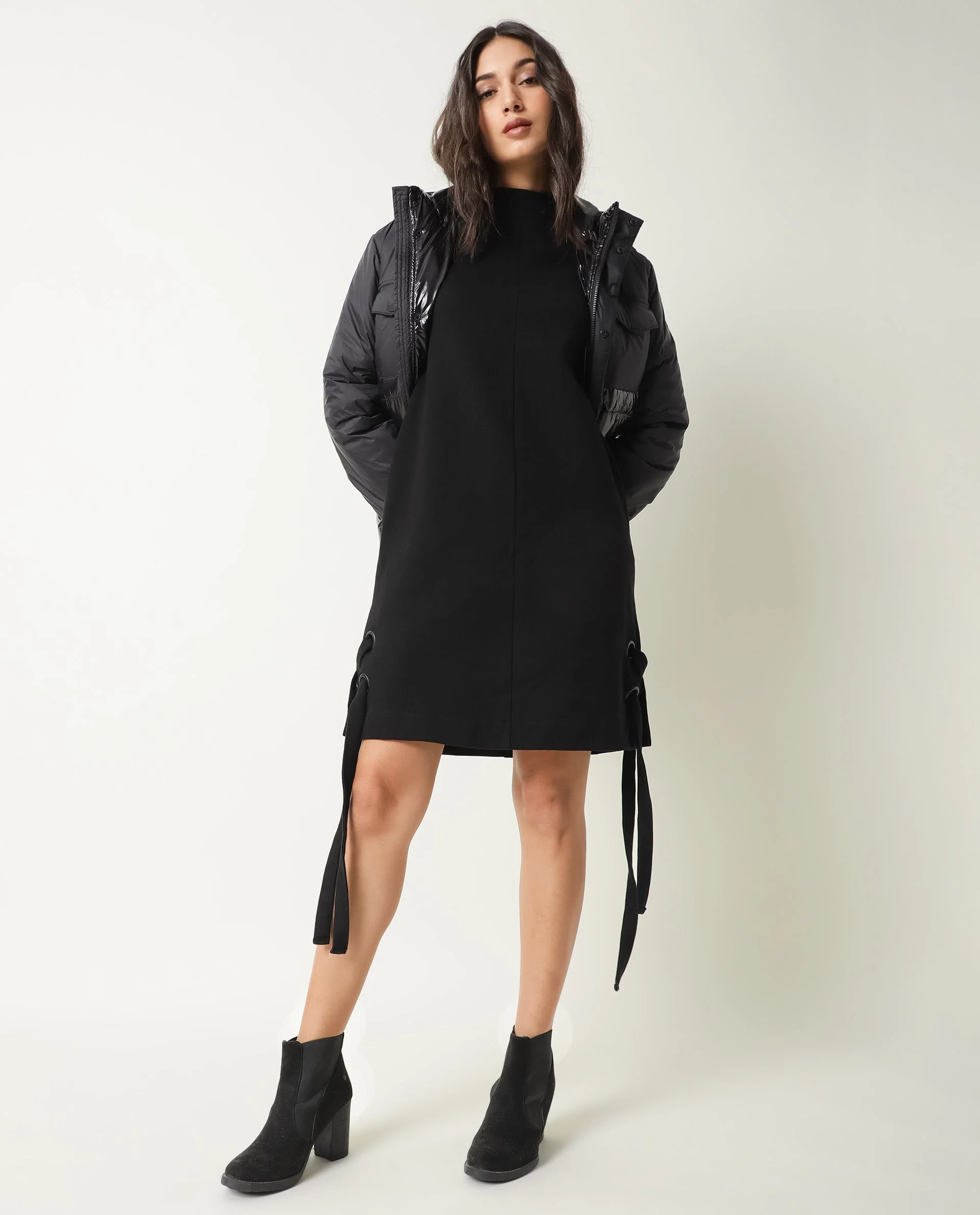Rareism Womens Inari Black Dress Cotton Fabric Normal Fit Raglan Sleeves Round Neck - Image 6