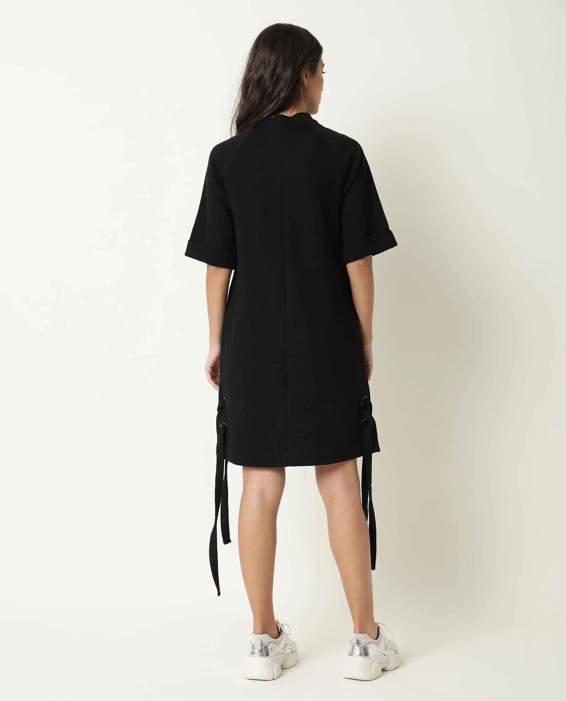 Rareism Womens Inari Black Dress Cotton Fabric Normal Fit Raglan Sleeves Round Neck - Image 8
