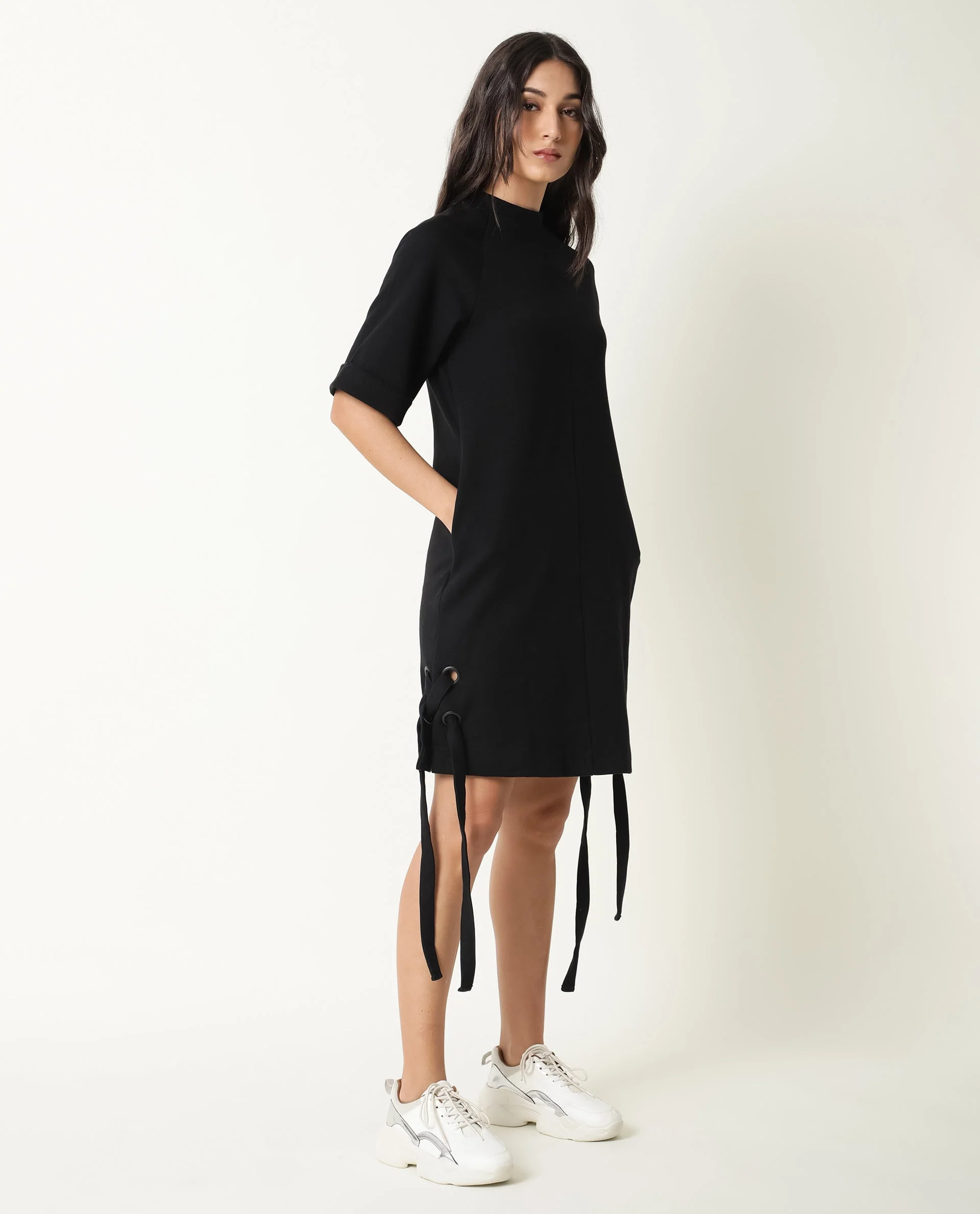 Rareism Womens Inari Black Dress Cotton Fabric Normal Fit Raglan Sleeves Round Neck - Image 9