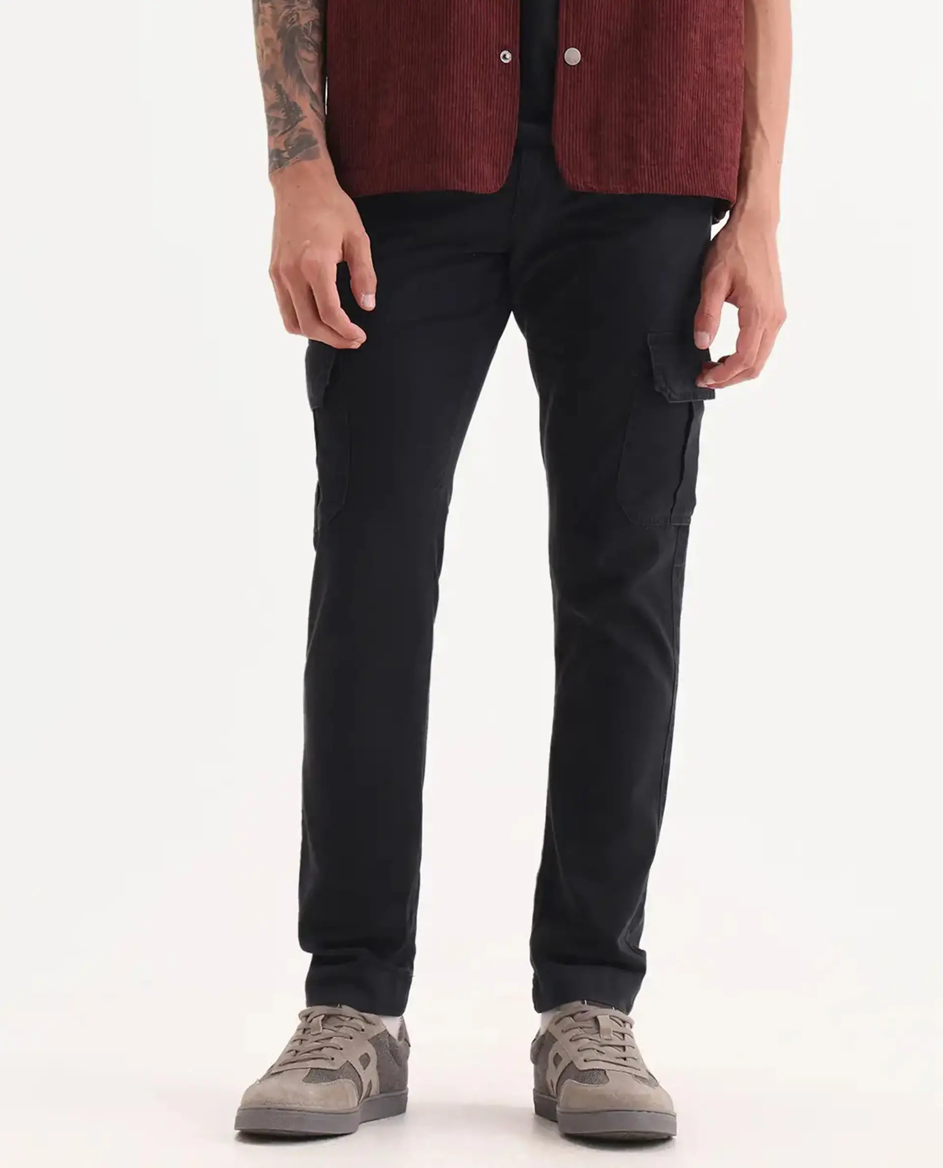 Rare Rabbit Men's Inbuil Black Cotton Plain Regular Fit Trouser - Image 10
