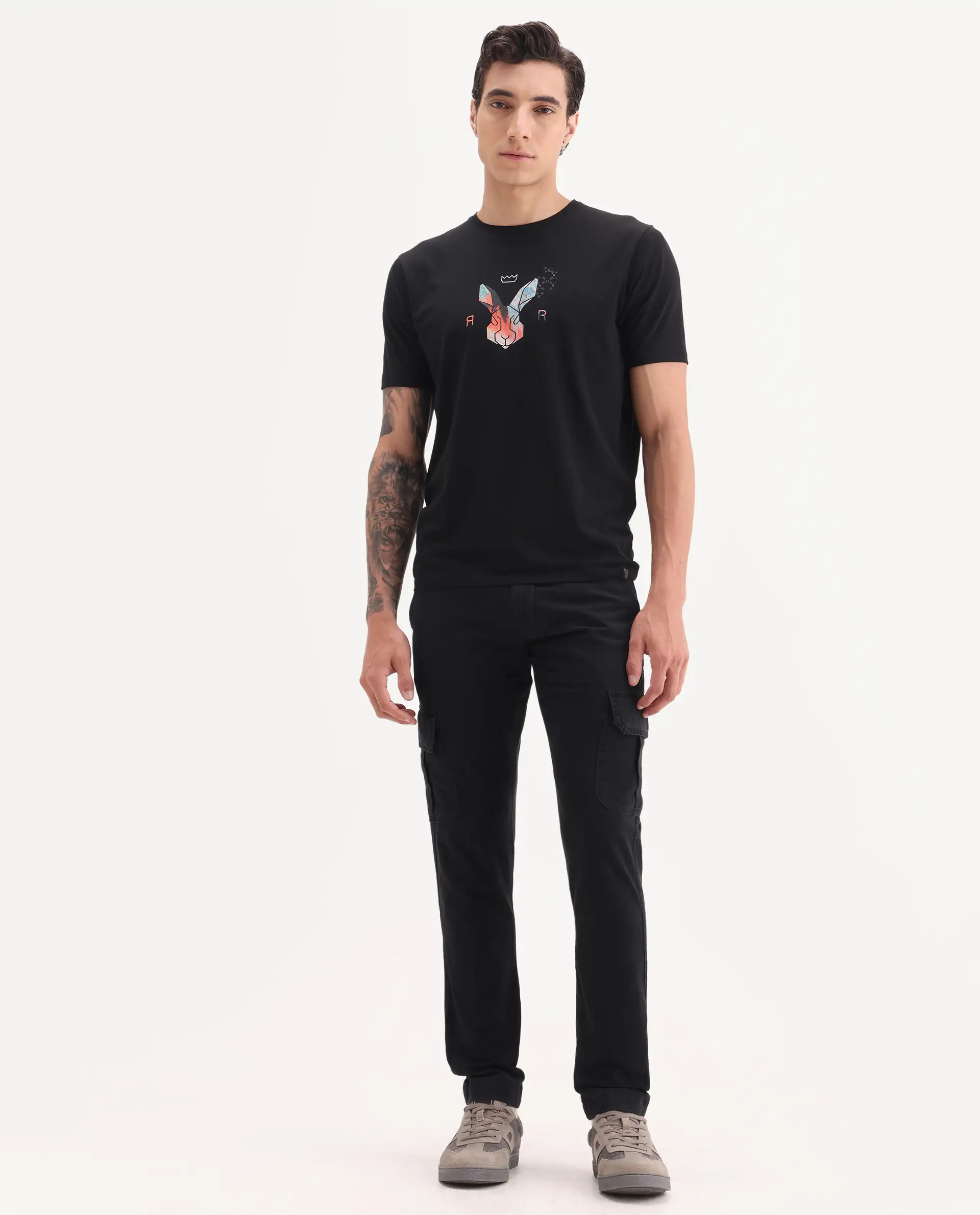 Rare Rabbit Men's Inbuil Black Cotton Plain Regular Fit Trouser - Image 4