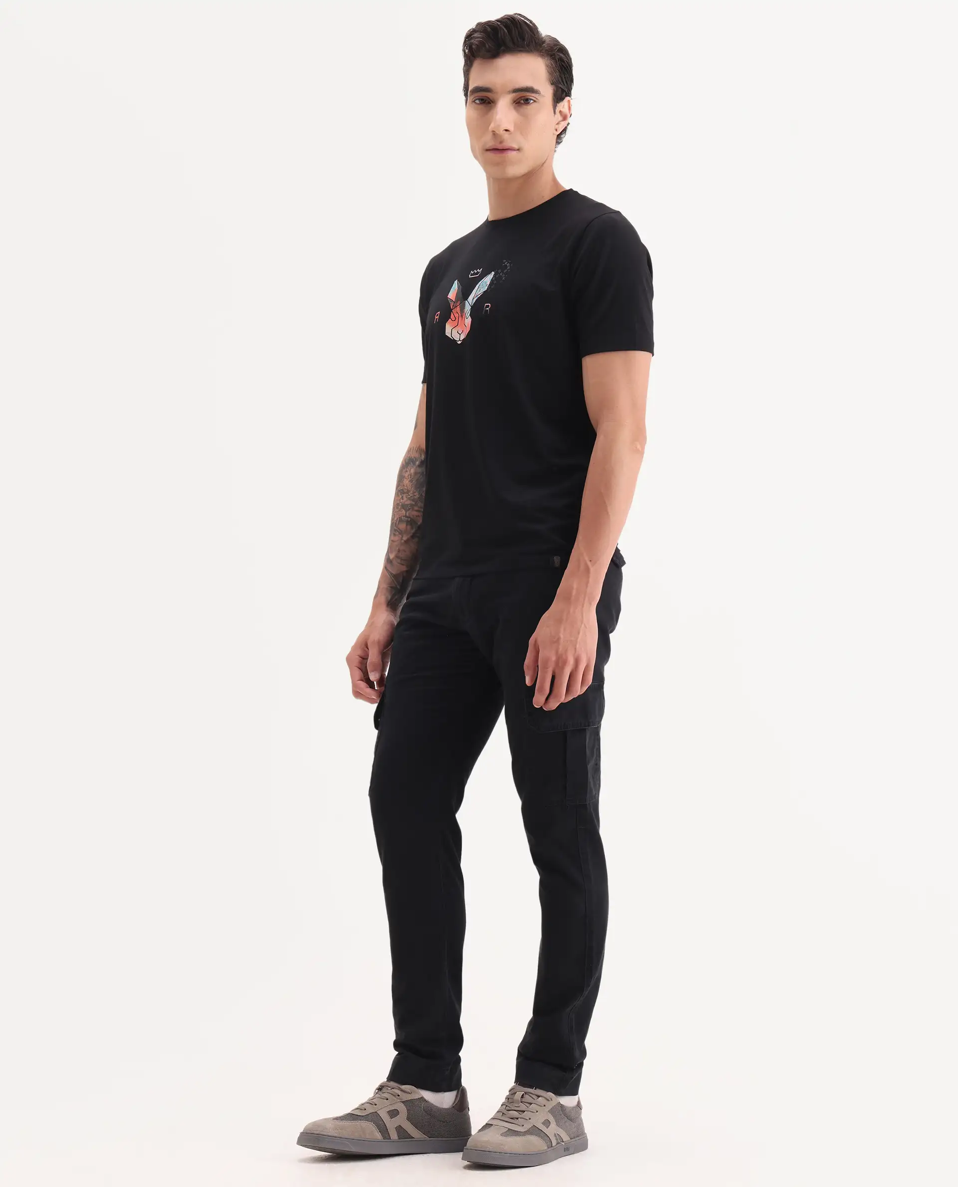 Rare Rabbit Men's Inbuil Black Cotton Plain Regular Fit Trouser - Image 5