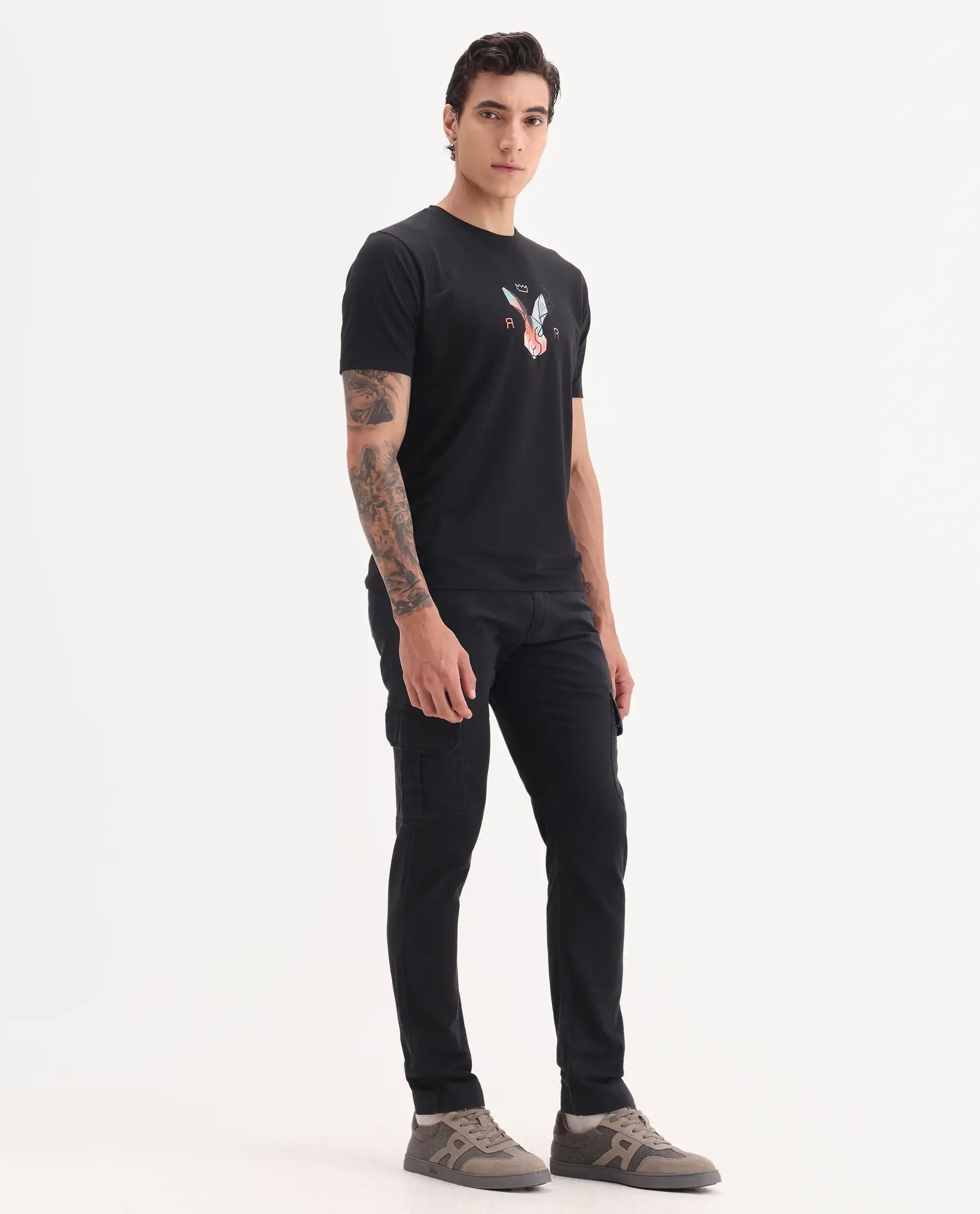 Rare Rabbit Men's Inbuil Black Cotton Plain Regular Fit Trouser - Image 7