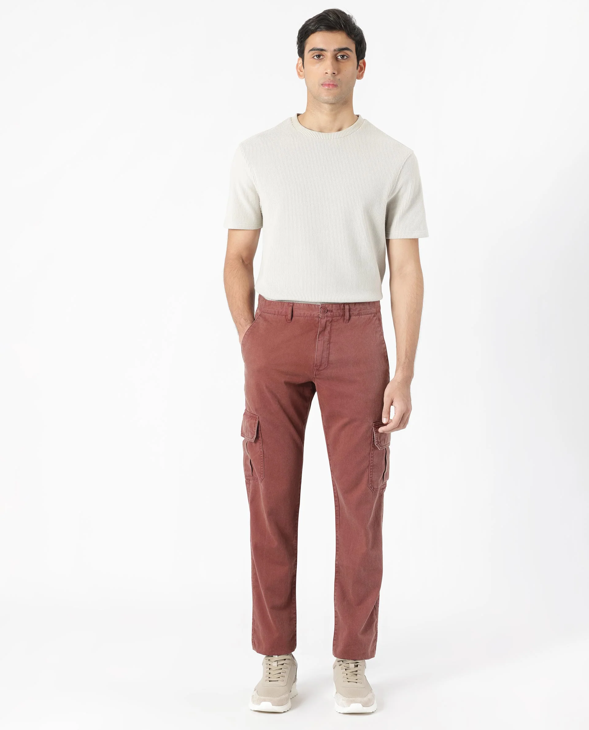 Rare Rabbit Men's Inbuil Brown Cotton Plain Regular Fit Trouser - Image 2