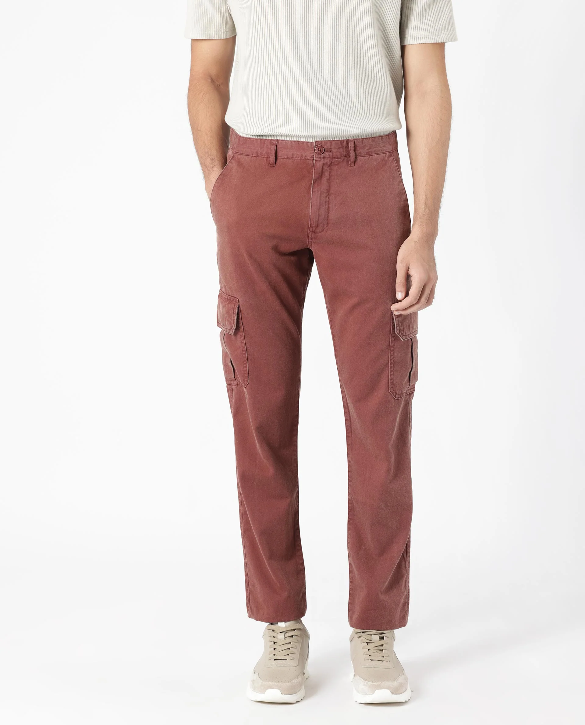 Rare Rabbit Men's Inbuil Brown Cotton Plain Regular Fit Trouser - Image 4
