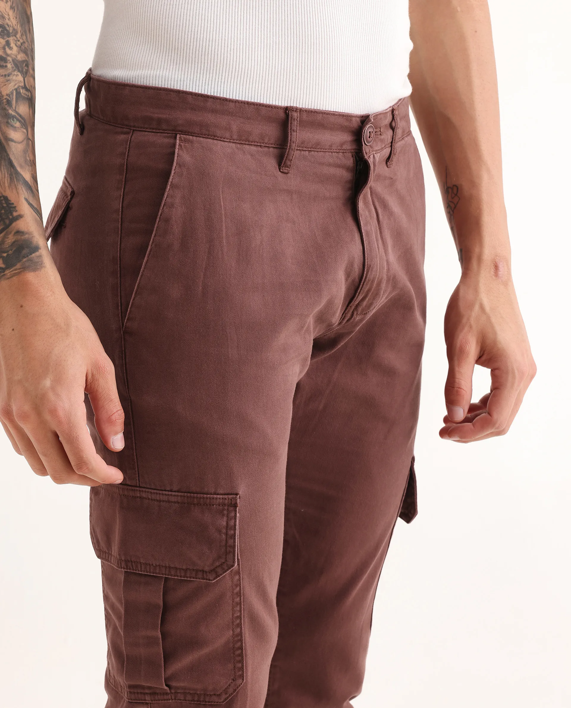 Rare Rabbit Men's Inbuil Light Brown Cotton Plain Regular Fit Trouser - Image 3