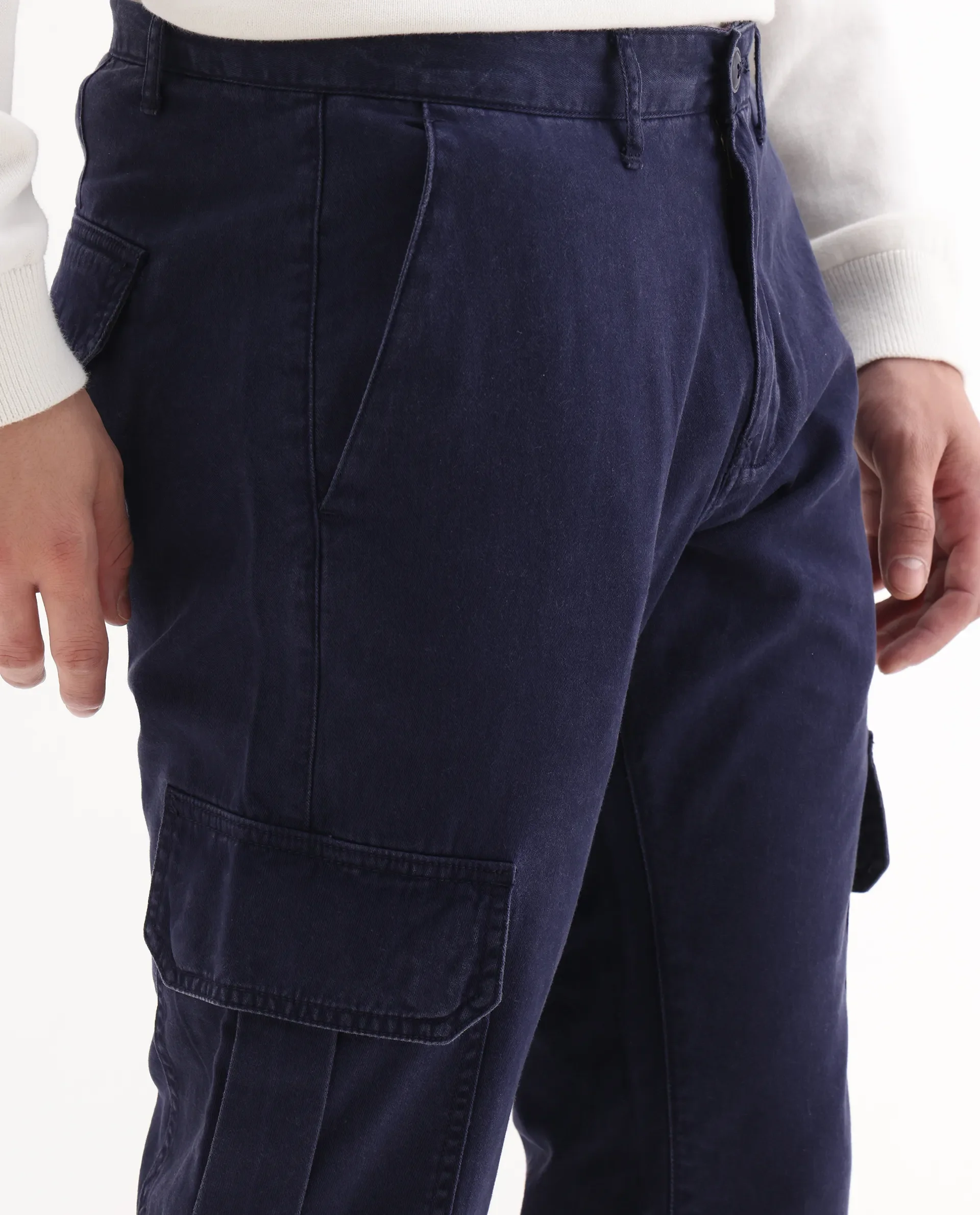 Rare Rabbit Men's Inbuil Navy Cotton Plain Regular Fit Trouser - Image 3