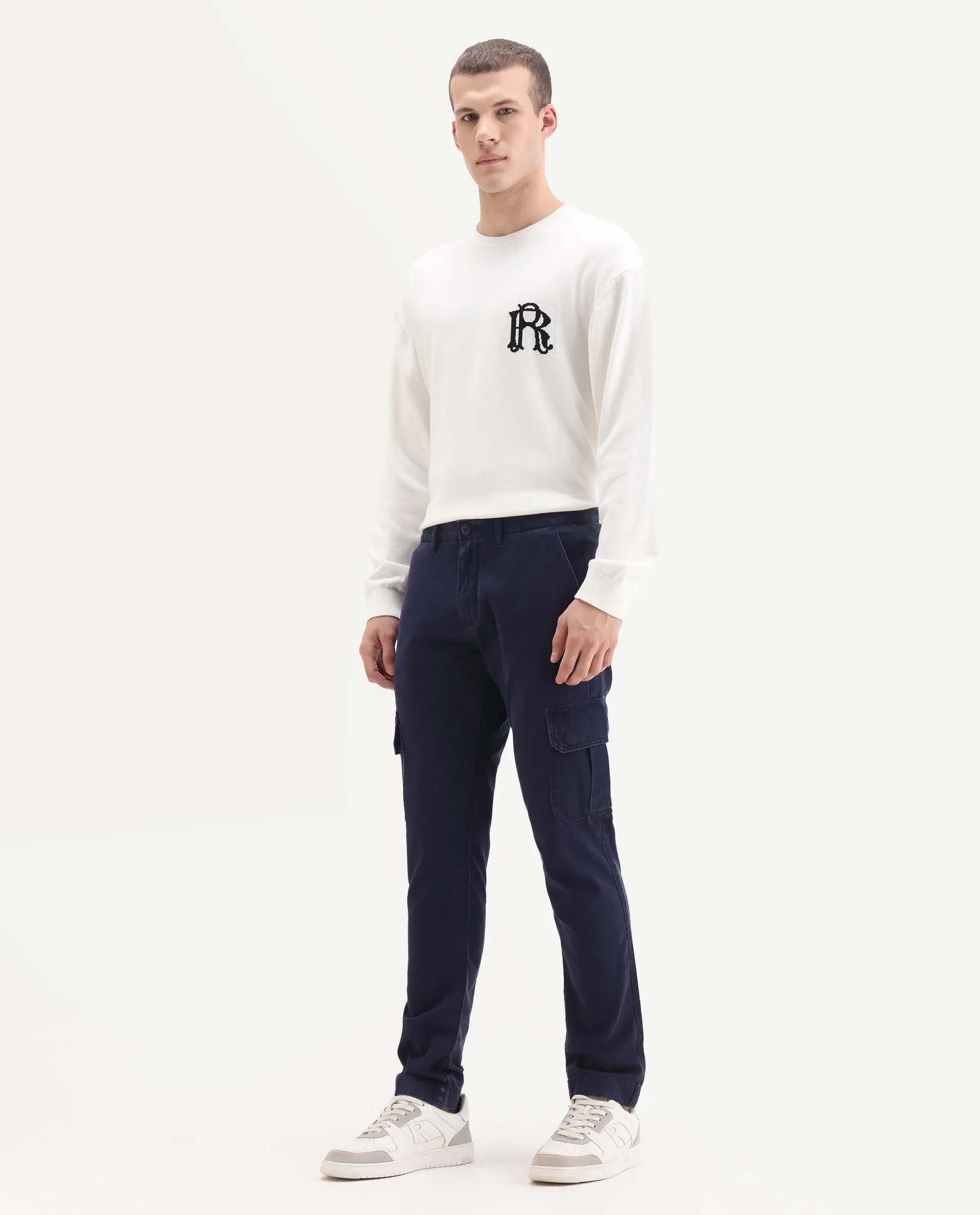 Rare Rabbit Men's Inbuil Navy Cotton Plain Regular Fit Trouser - Image 4