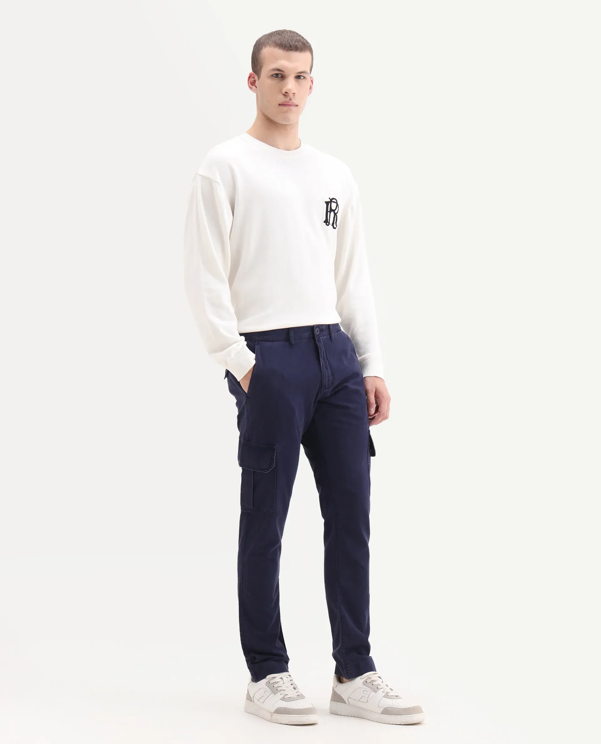 Rare Rabbit Men's Inbuil Navy Cotton Plain Regular Fit Trouser - Image 5