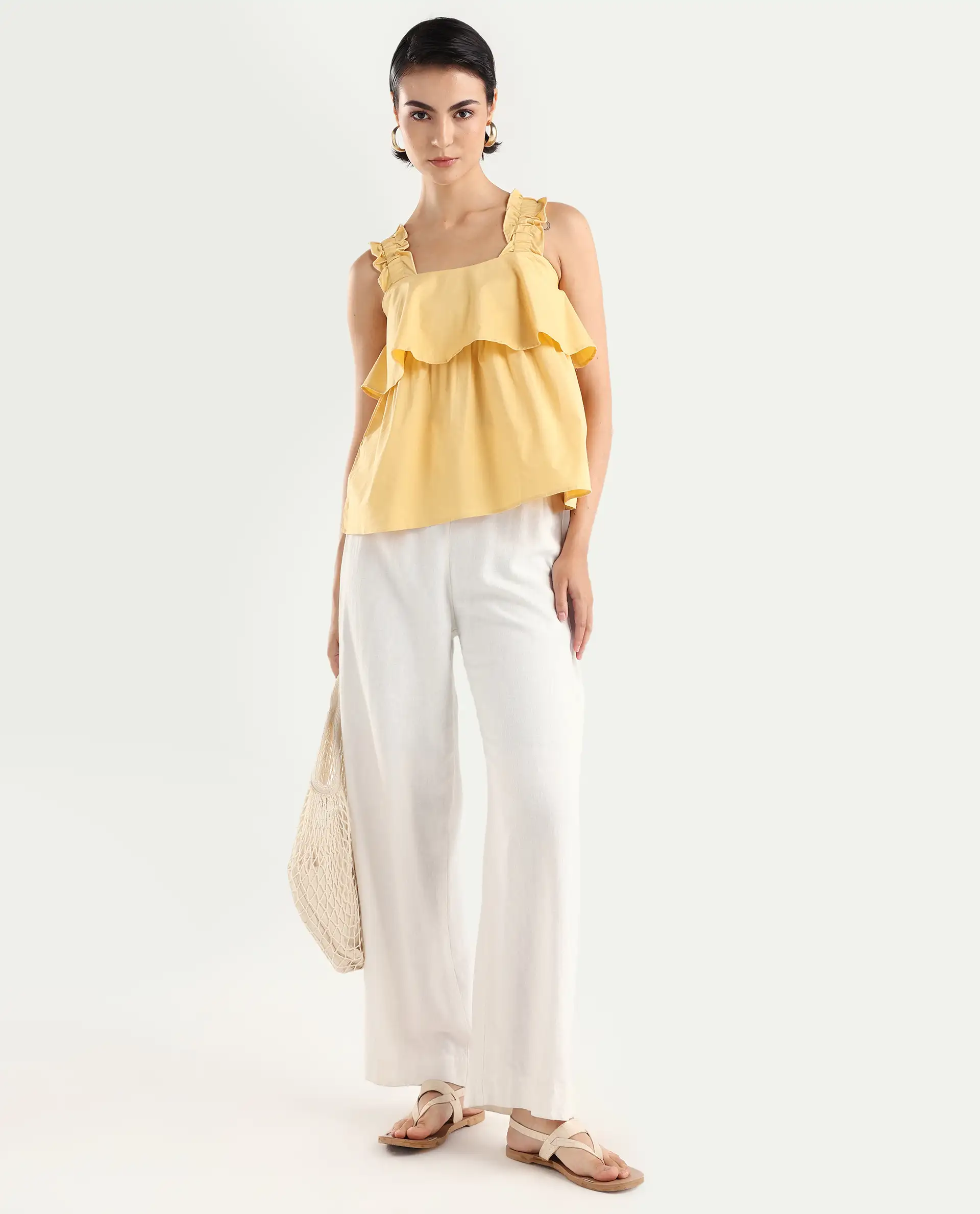 Rareism Women's Indika Yellow Cotton Blend Square Neck Plain Ruffled Sleeve Relaxed Fit Top - Image 2