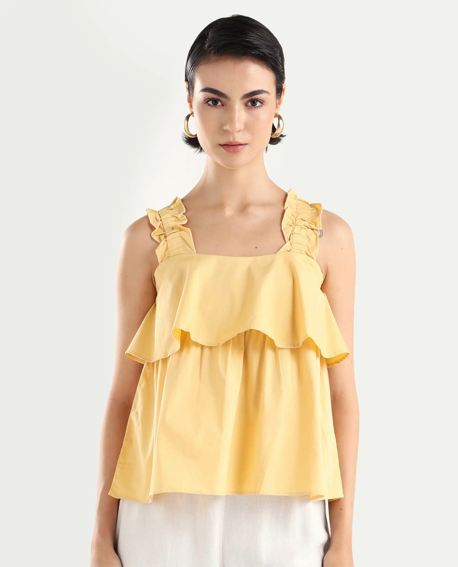 Rareism Women's Indika Yellow Cotton Blend Square Neck Plain Ruffled Sleeve Relaxed Fit Top - Image 3