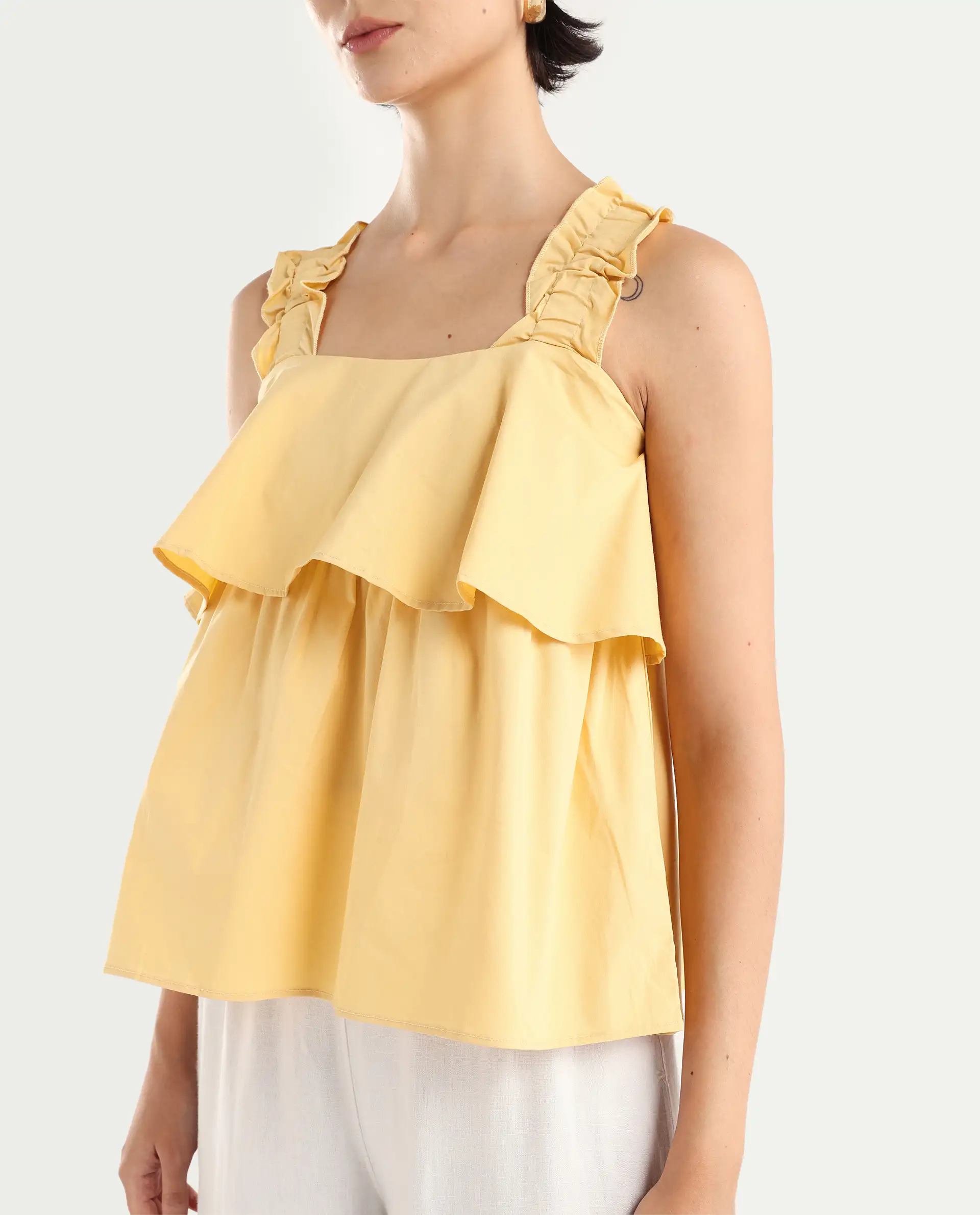 Rareism Women's Indika Yellow Cotton Blend Square Neck Plain Ruffled Sleeve Relaxed Fit Top - Image 4