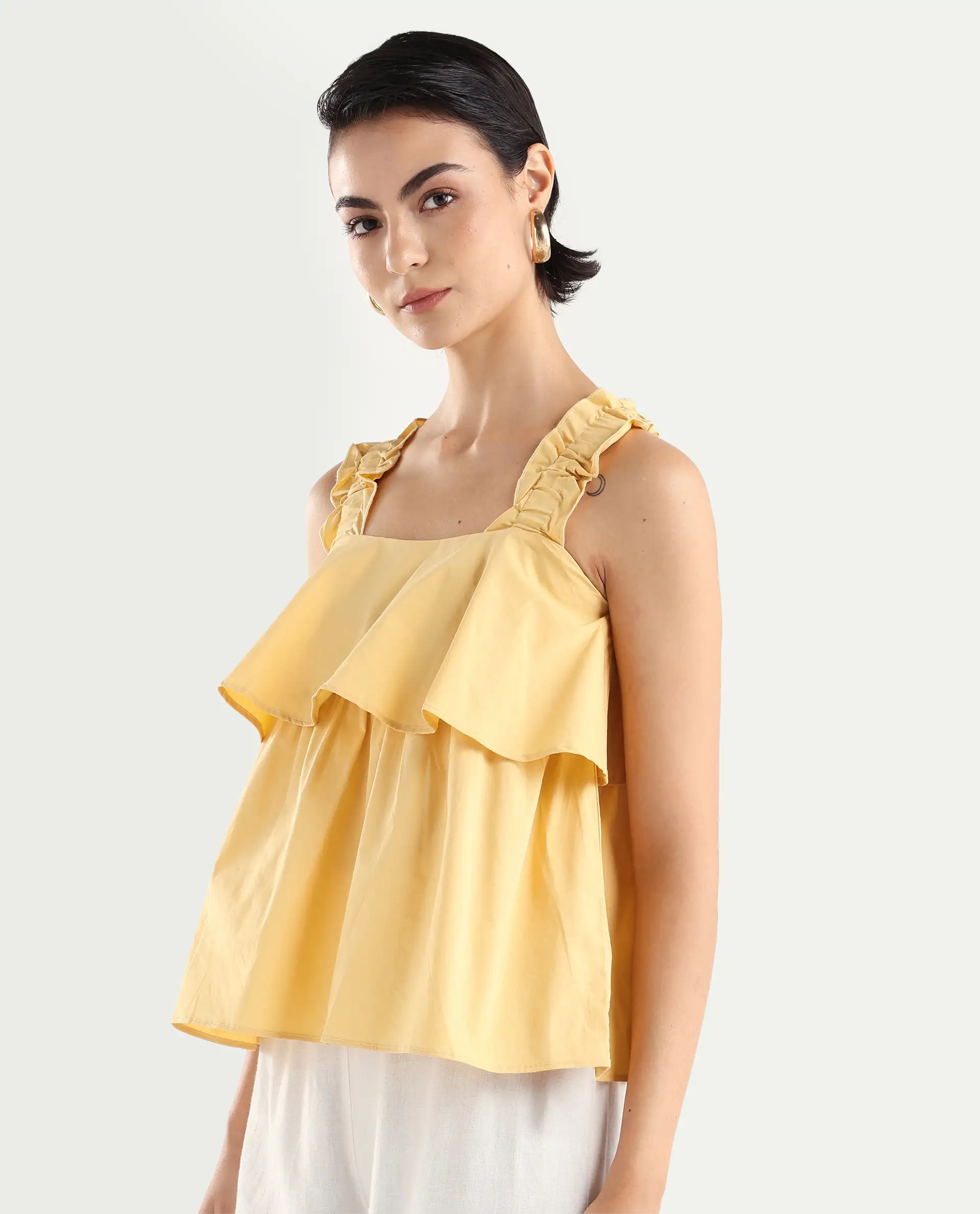 Rareism Women's Indika Yellow Cotton Blend Square Neck Plain Ruffled Sleeve Relaxed Fit Top - Image 5
