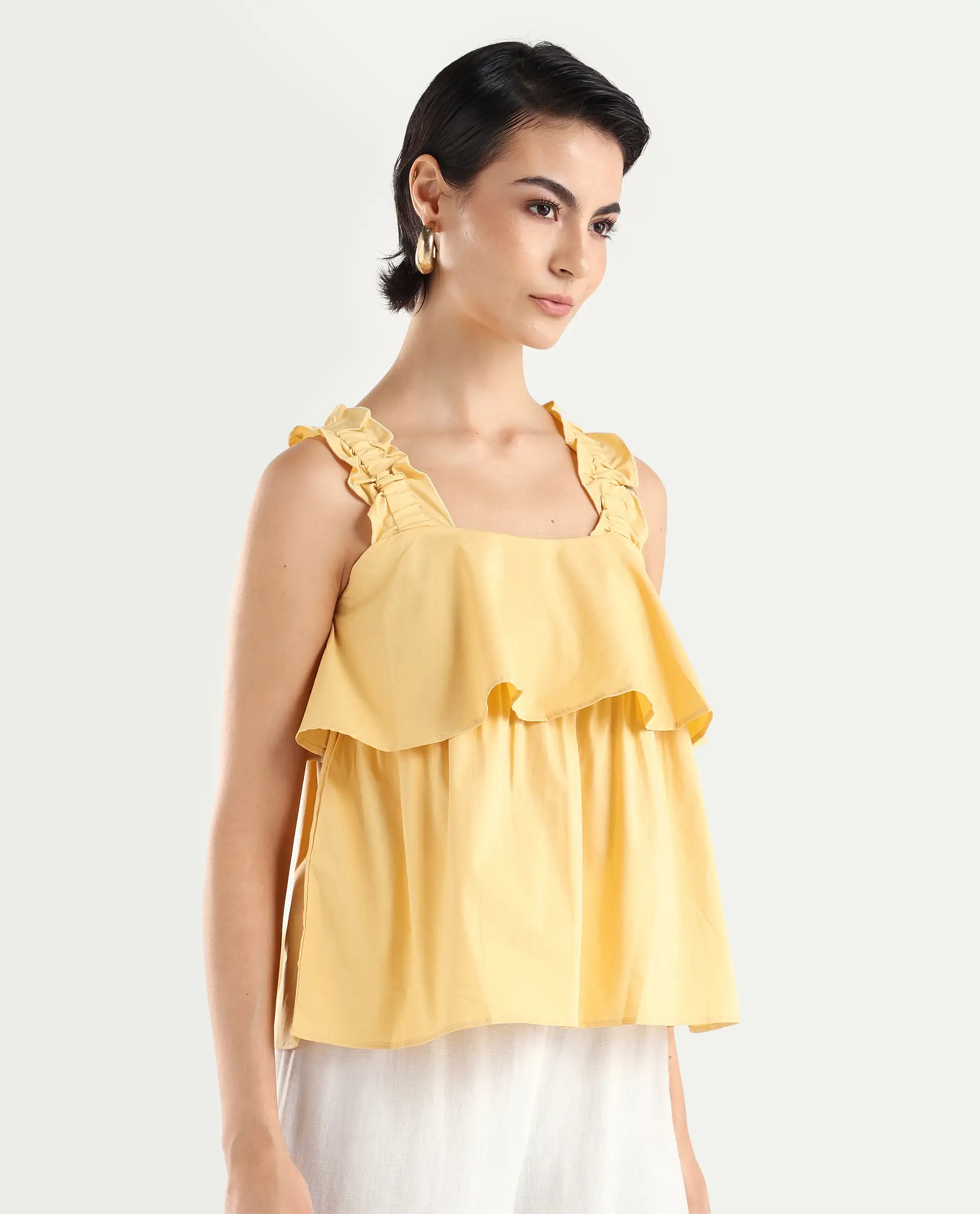 Rareism Women's Indika Yellow Cotton Blend Square Neck Plain Ruffled Sleeve Relaxed Fit Top - Image 6
